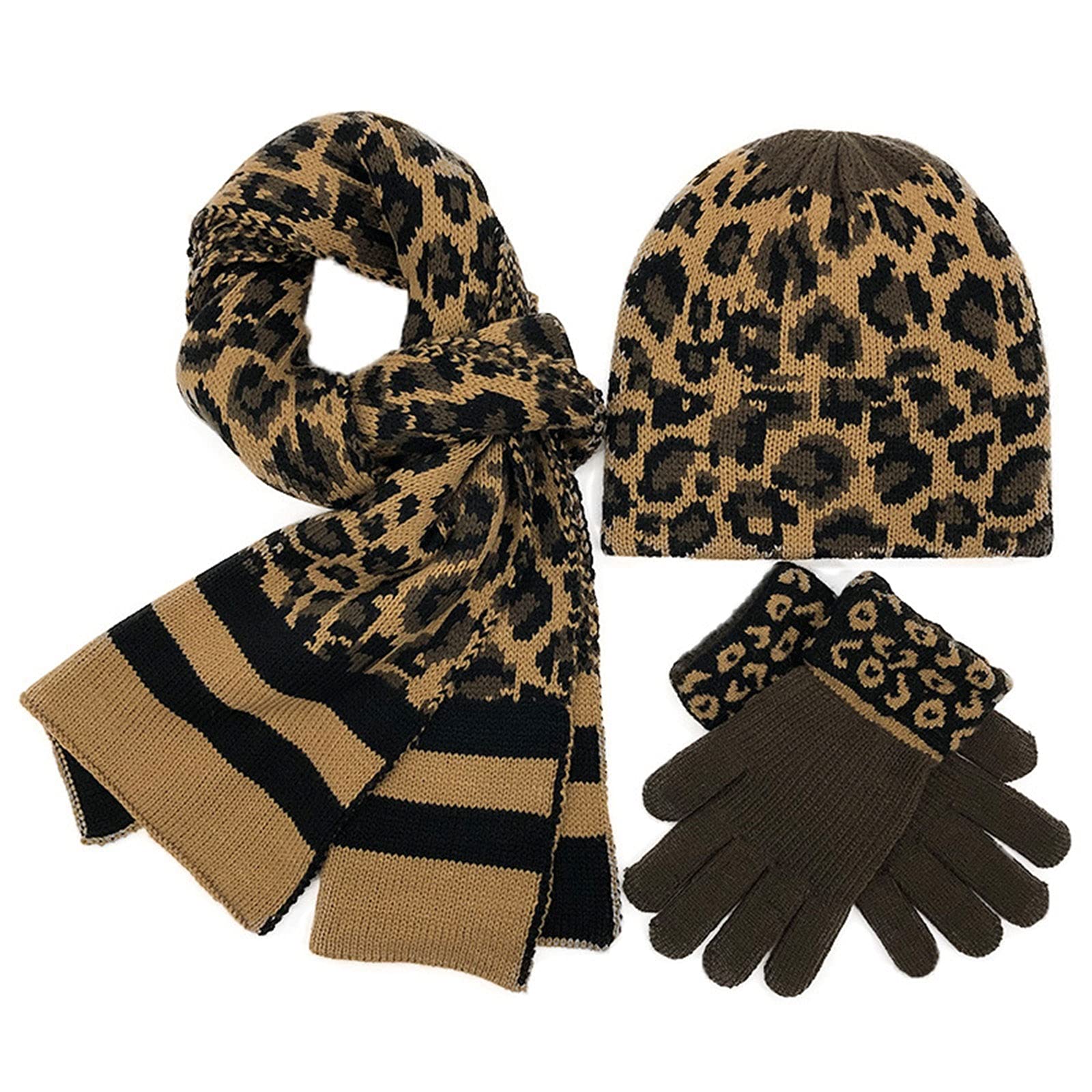 Wygwlg Winter Strickmütze Handschuhe Schal Set, 3 teilig Winter Strickset Leopard Print Warme Mütze Mütze Schal und Handschuhe Damen Mädchen (Color : Brown, Size : 400g)