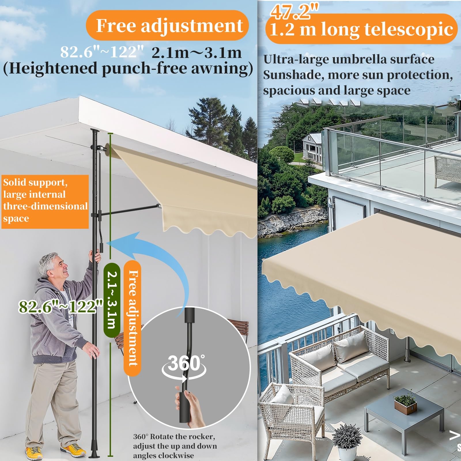 Ręcznie wysuwana markiza 99 ~ 400 cm, odporna na promieniowanie UV markiza do patio, ogrodu i kawiarni, wodoodporna, łatwa instalacja, konstrukcja bez śrub, zielona, 200 x 1