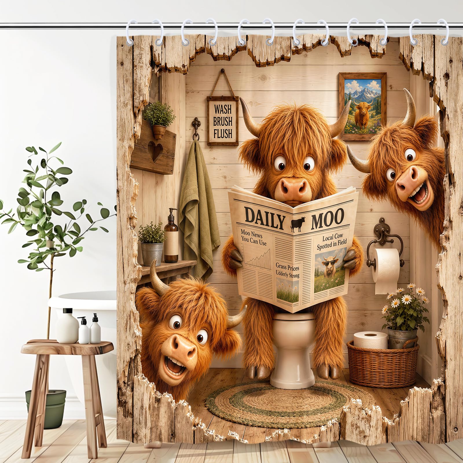 Funny Shower Curtain Highland Cow Shower Curtain with 12Hooks, 72 x 78 Inch