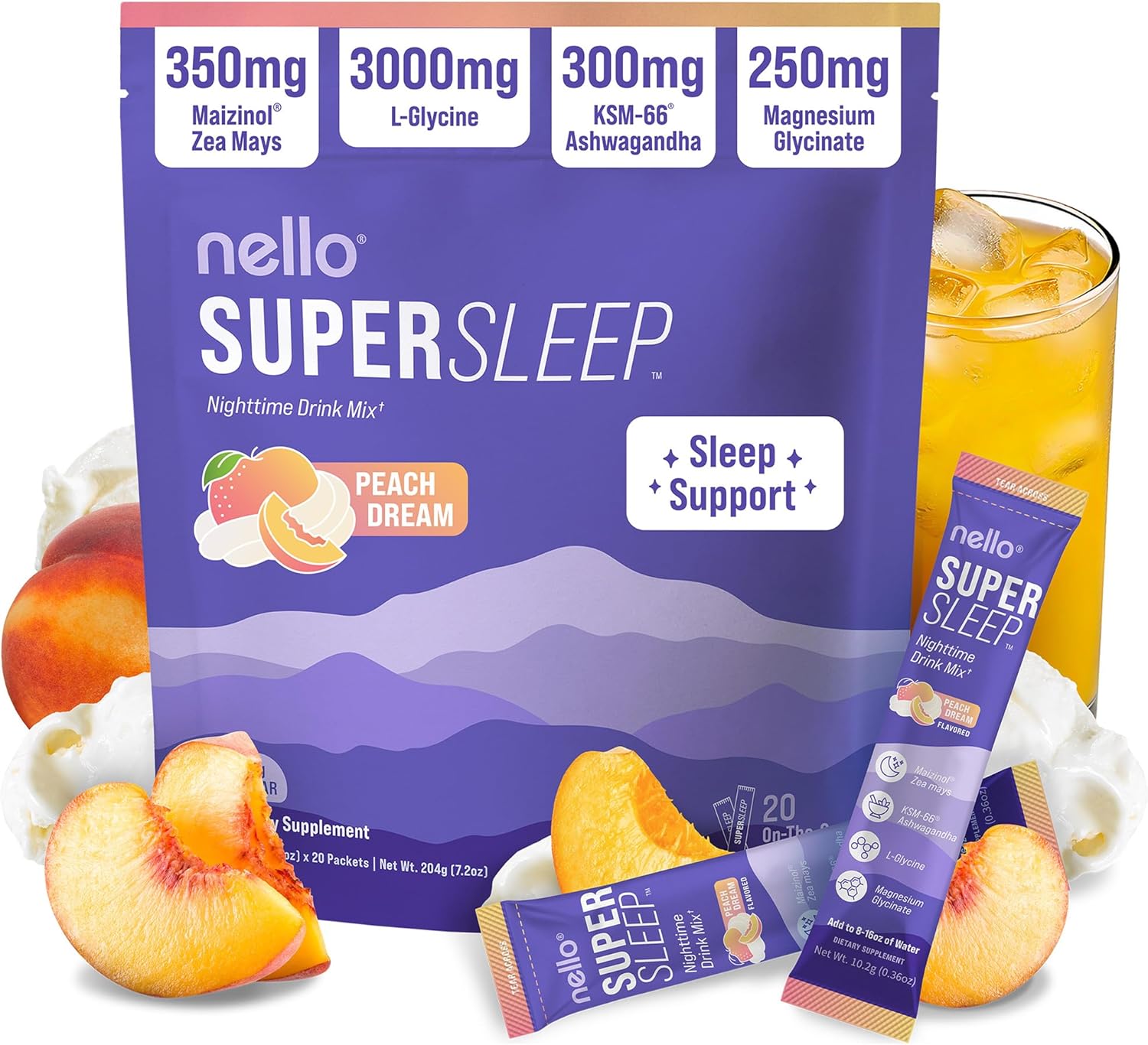 Nello Supersleep, Nighttime Sleep Support Drink Mix, Ashwagandha, Maizinol, L-Glycine, Magnesium Glycinate, Peach Dream (Pack of 20)