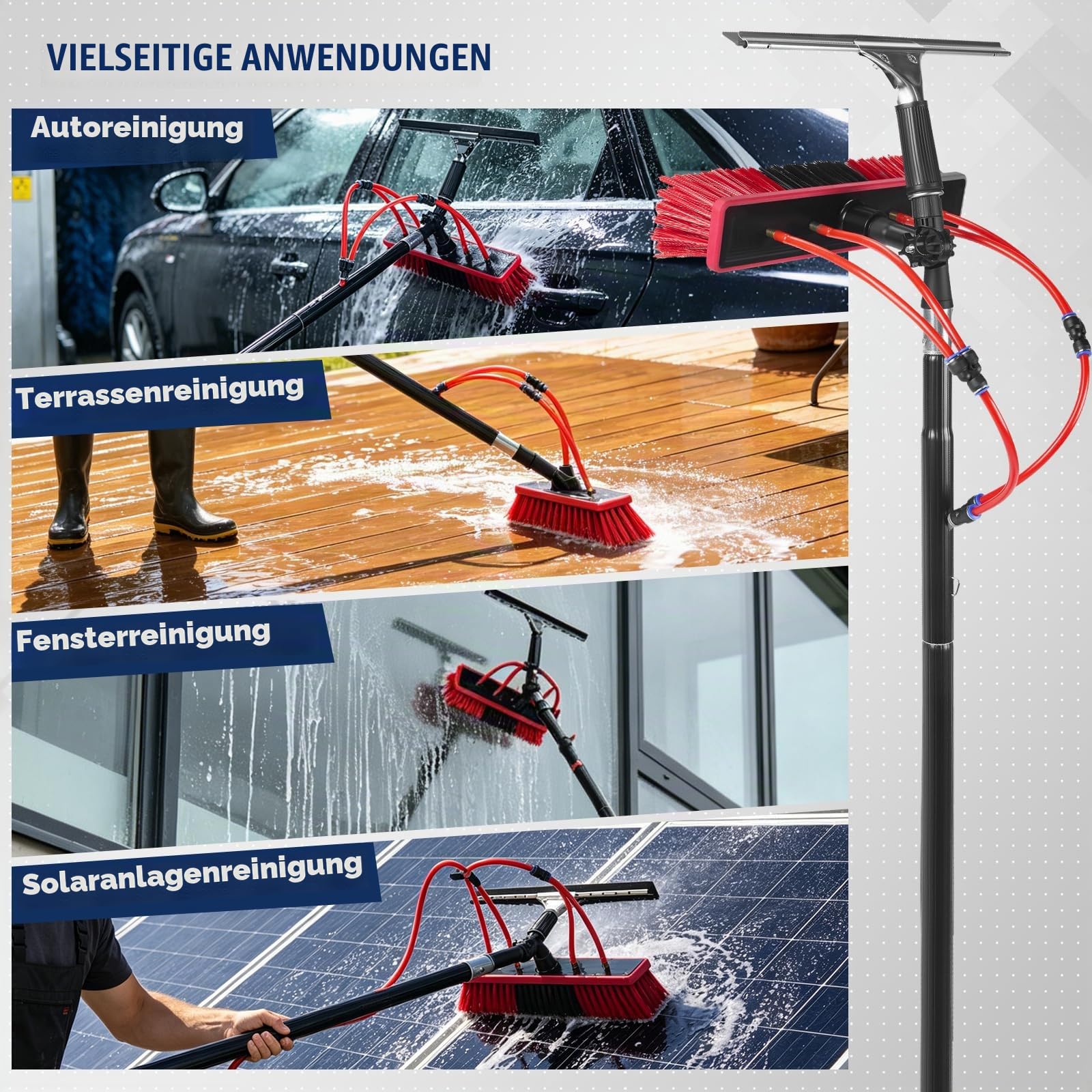 Teleskop Waschbürste mit Wasseranschluss 6m, Terrassendach-Reiniger, 180° verstellbare Photovoltaik Waschbürste, Komplettset mit Aufbewahrungstasche für PV Anlagen, Fenster, Wohnmobil & Dach