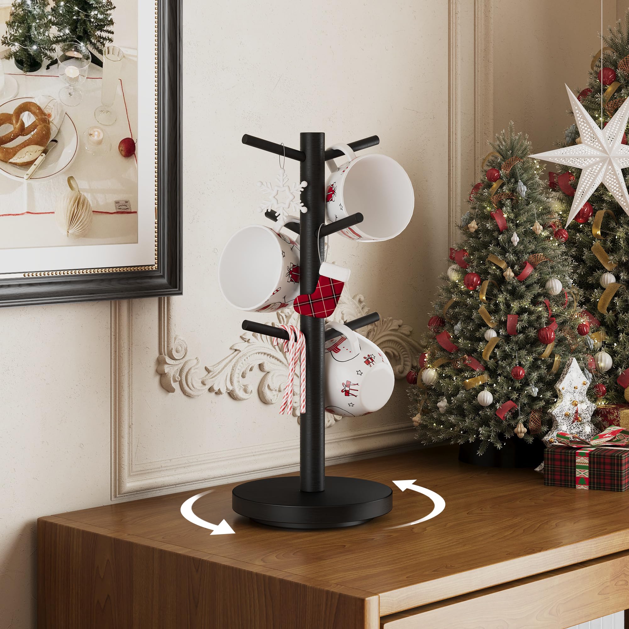 Coffee Mug Holder Tree, Upgraded 360° Rotated Cup Holder for Counter, Wood Mug Rack with 6 Hooks, Coffee Mug Organizer Station, Mug Stand Bar Accessories, Black