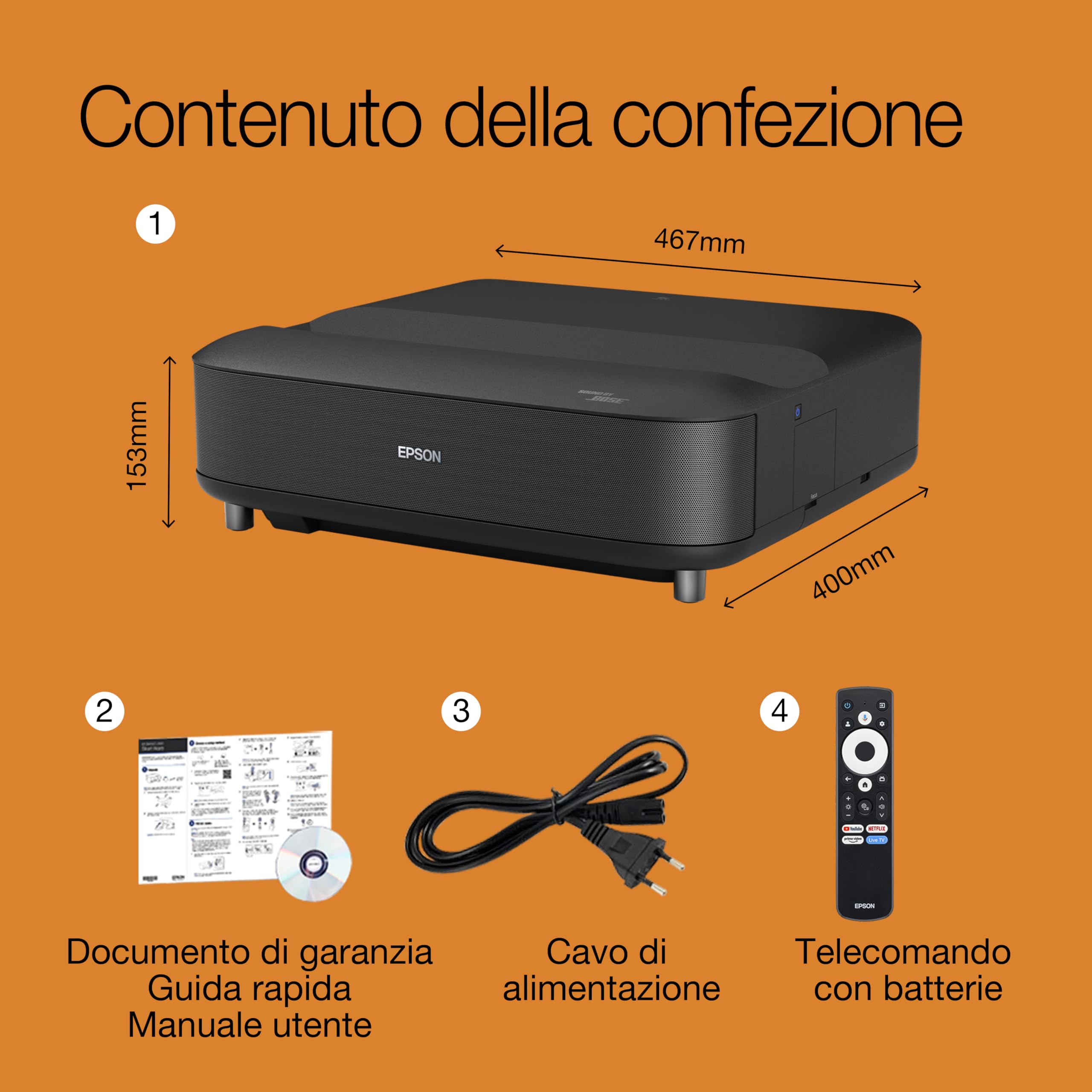Epson Lifestudio Grand EH-LS670B | Videoproiettore TV laser ottica ultra-corta | Home Cinema 4K PRO‐UHD | 3.600 lumen | Imaging IA | Sound by BOSE | Google TV | Display 120” | Garanzia 5 anni | Nero