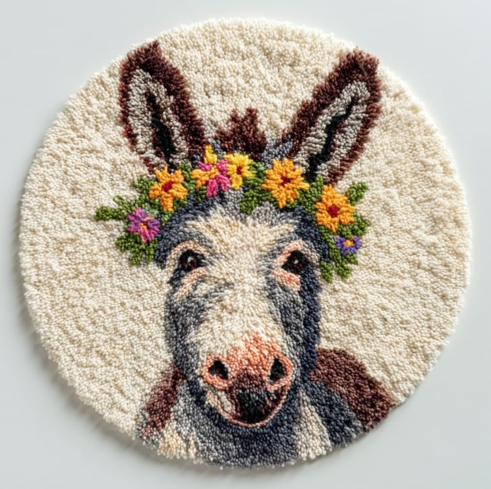WallustrioaW 3D Latch Hook Rug Kit,Donkey Wearing a Flower Wreath,DIY Latch Hook Kit Rug Making Crafts for Kids and Adults,Embroidery Carpet Cushion with Sewing Tool,50x50cm