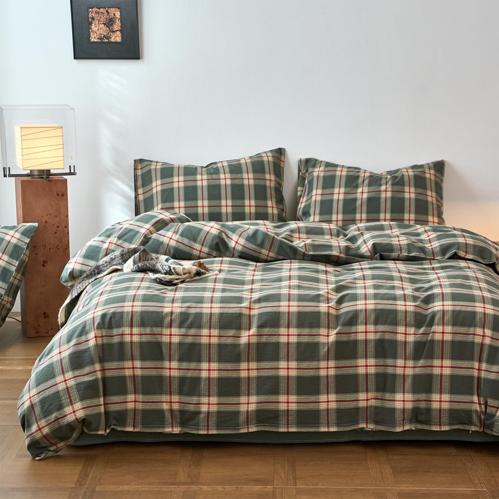 EAVD Vintage Grid Plaid Duvet Cover King 100% Washed Cotton Red&amp;Green