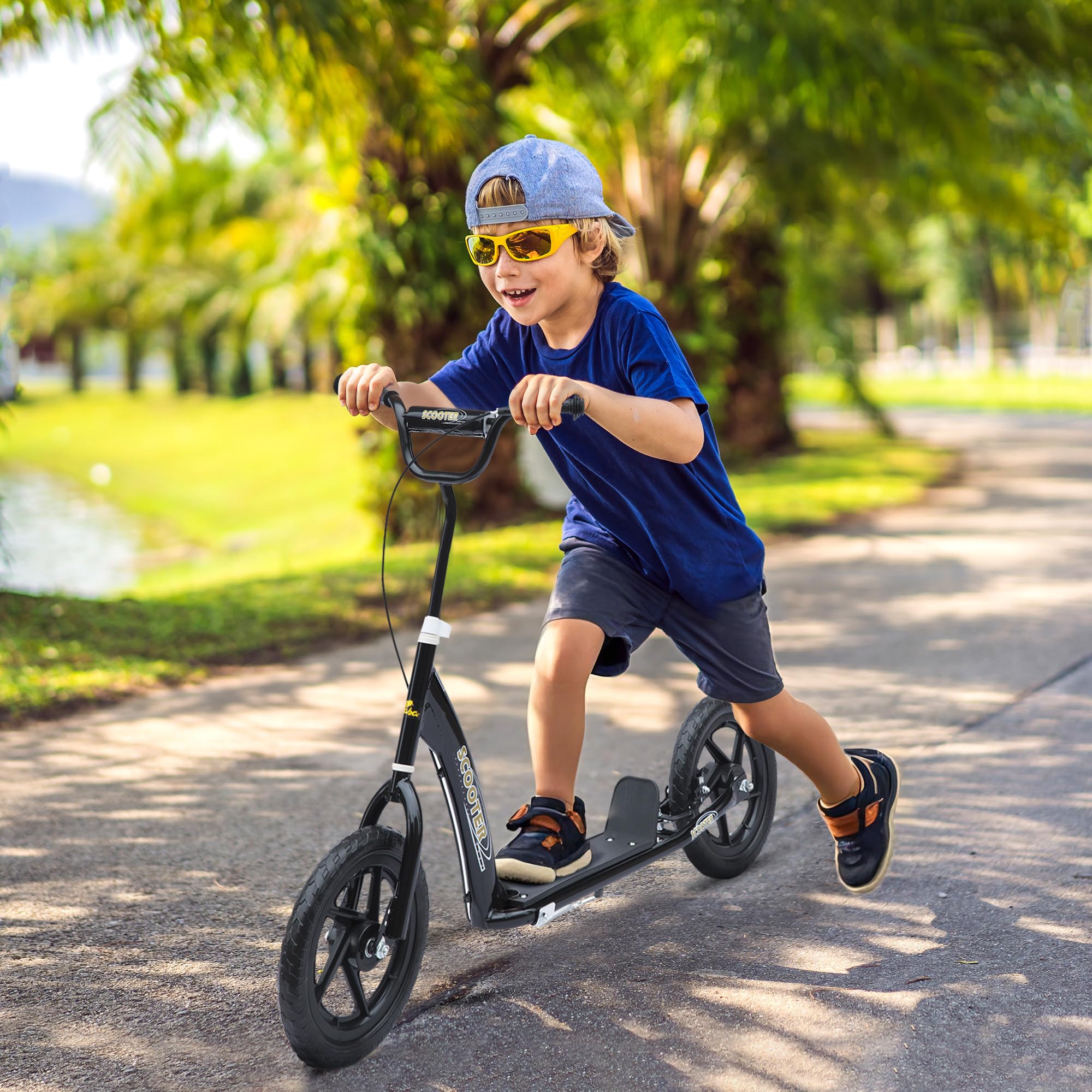 HOMCOM Kick Scooter for Kids 5-12 Years Old, Big Wheel Kids Scooter with Adjustable Height Handlebar, Non-Slip Footplate, Rear Brake, Black