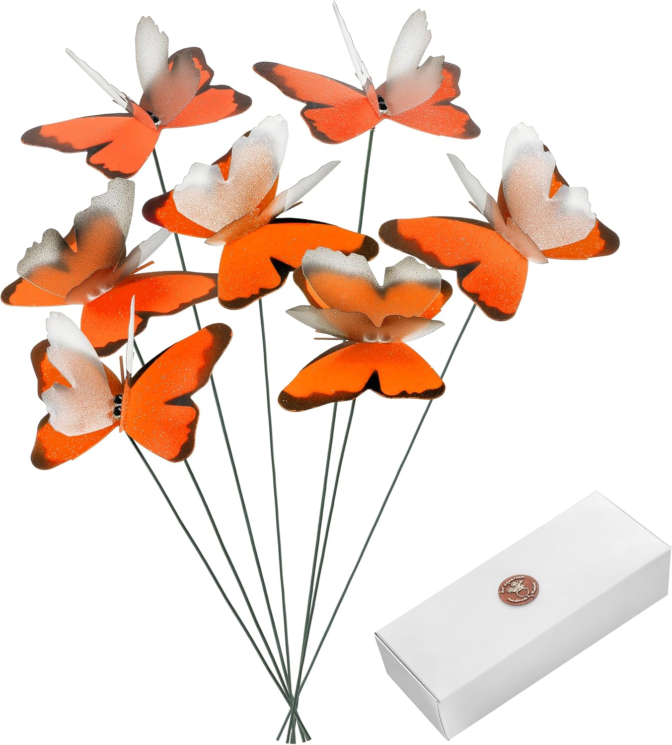 Handmade Orange Butterfly Garden Stakes - Set of 7 Premium 3D Hand-Painted Butterflies with Fluttering Spring Movement, Weatherproof Metal Rod, Outdoor Indoor Decor, Ideal Gift