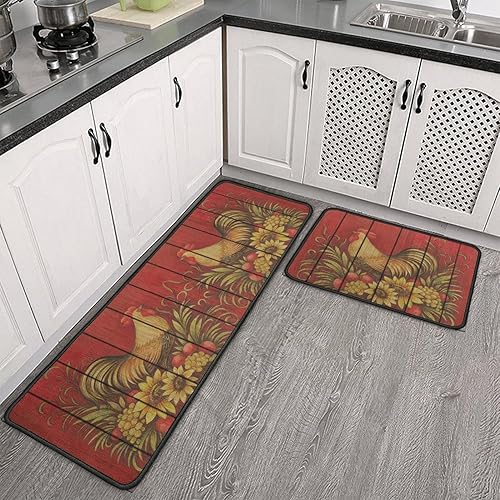 Miniatura 4 de Juego de 2 alfombras y tapetes de cocina de gallo, alfombras rojas para decoración de cocina, con respaldo de goma, antideslizante, para fregadero,