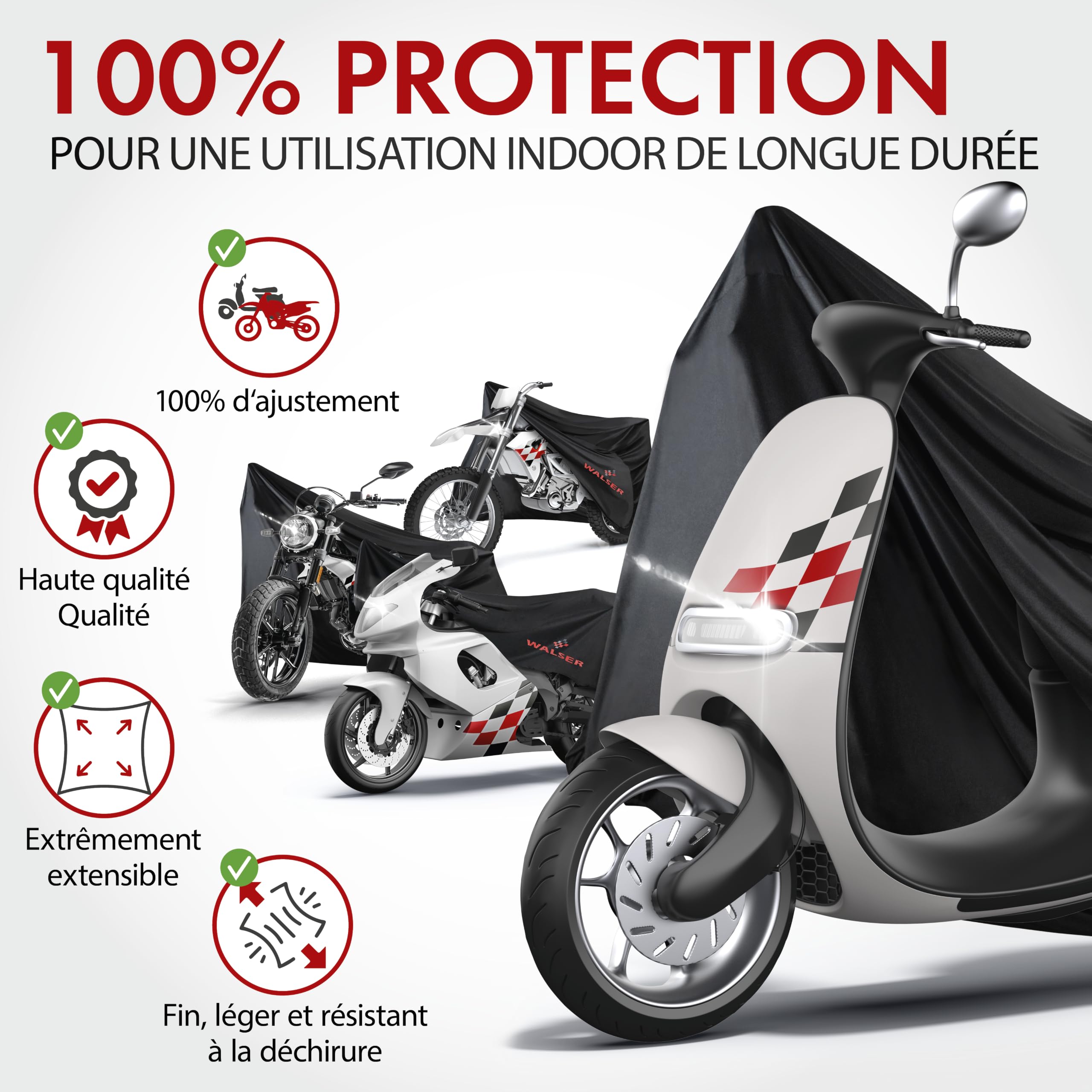 WALSER Housse Moto Indoor XL 255x110x135 cm - Bache Moto Stretch respirante, Protection Anti-poussiere XXL pour Grandes Motos & Choppers, Garage Moto Interieur noir incl. Sac