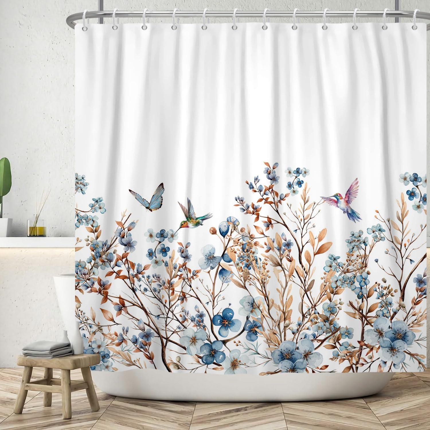 ASDCXZ Flower Shower Curtain 150x180 cm, Spring Watercolor Blue Flowers Brown Leaves Colorful Bird White Washable Shower Curtains Polyester Textile Waterproof Bath Curtain for Bathtub with 10 Hooks โ image 1