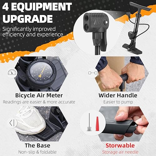 Miniatura 2 de Bomba de piso para bicicleta, bomba de bicicletas con manómetro, bomba de aire de bicicleta con alta presión de 160 psi, bomba de neumáticos