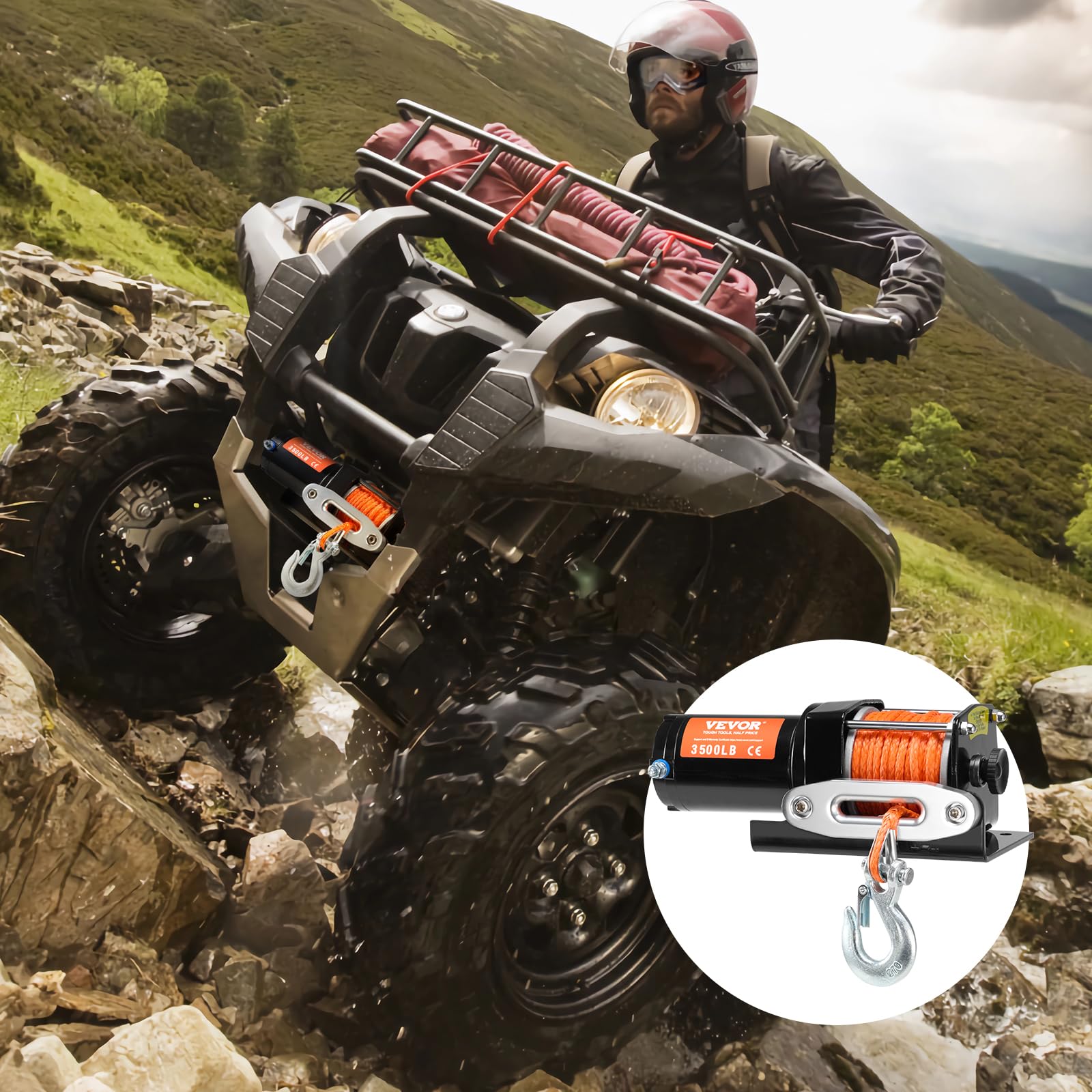 VEVOR Cabrestante Eléctrico de Capacidad de Tracción de Línea de 1588 kg, IP55 Cabrestante con Cuerda Sintética de 12 Hebras de Φ0,5 x 1188,7 cm, Control Remoto con Cable para Remolcar UTV ATV