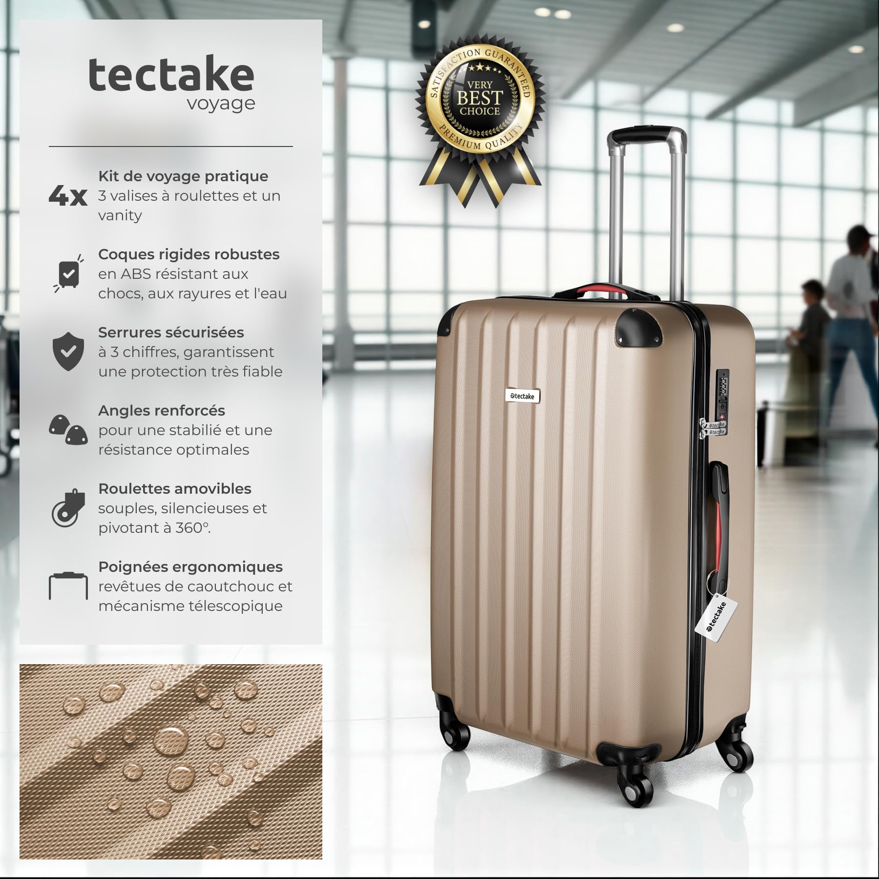 tectake® Set de Valises de Voyage, Coque Rigide en ABS, 3 Tailles M-L-XL + Vanity Case, roulettes Pivotantes à 360°, Serrure TSA, Poignée télescopique, Pèse-Bagage et étiquettes Inclus - Champagne