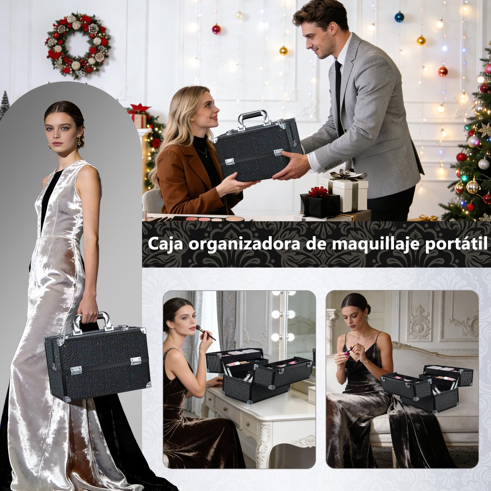 Maletín Profesional de Maquillaje, Maletín de Manicura y Peluquería,Caja de Almacenamiento, Marco de Aluminio, Cierre de Seguridad y Correa Ajustable, Negra