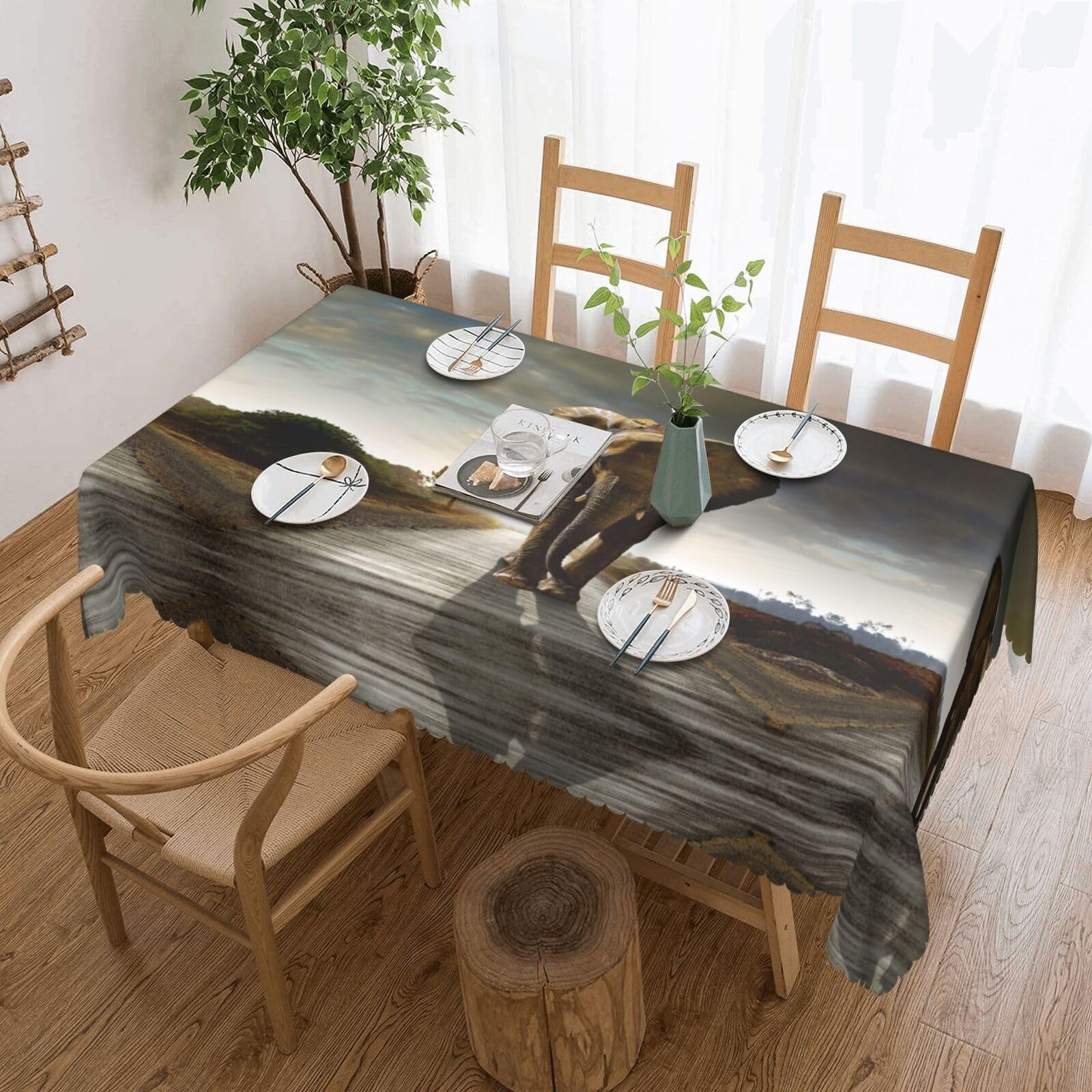 OLLiNsElephant Printed Water Resistant Rectangle Table Cloth Decorate Fabric Farmhouse Table Cover For Dining/Party/Wedding