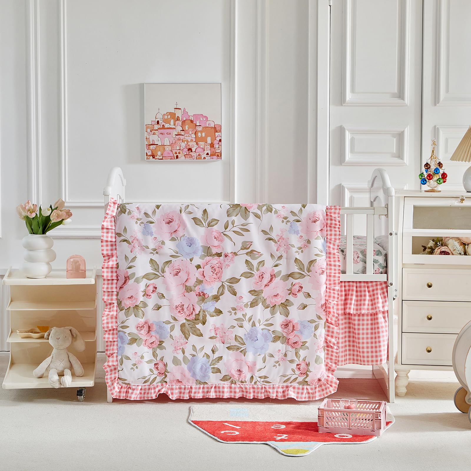 3 Pieces Pink Blue Rose Flowers Mini Crib Bedding Set Baby Ruffled Quilted Comforter with Fitted Sheet and Bed Skirt - Cute Ruffled Shabby Chic Baby Girls Bedding Soft Blanket Floral Design