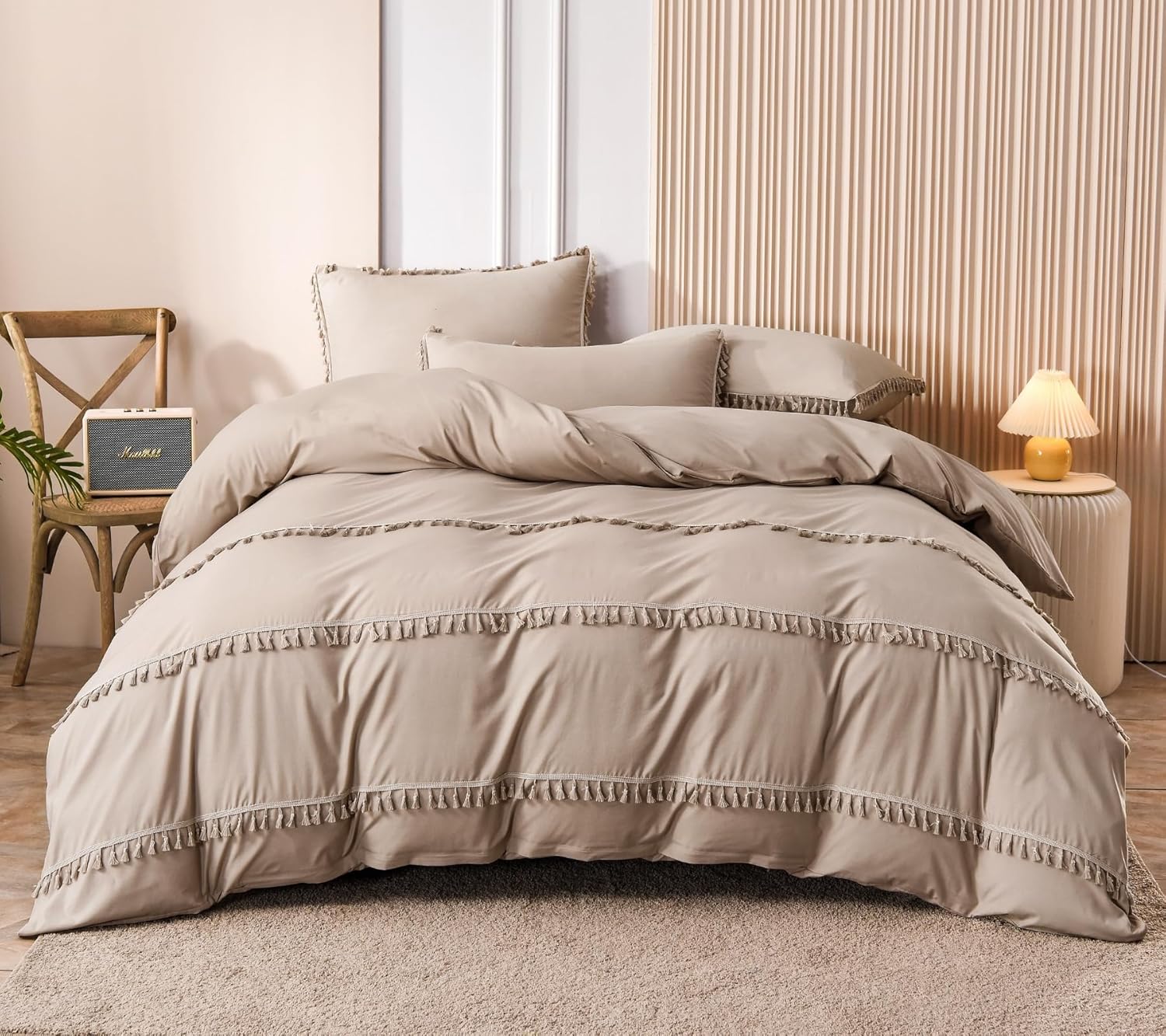 Menkala Bohemian Bed Linen 140 x 200 cm Beige with Tassel Fringe Duvet