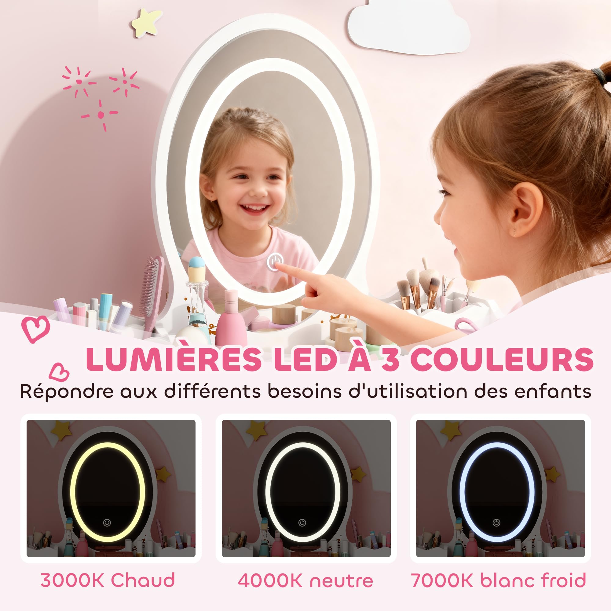 AIYAPLAY Coiffeuse Enfant en Bois 2 en 1, Bureau Enfant Fille avec Miroir à LED 3 Couleurs et Tabouret, Table de Maquillage avec 2 tiroirs et 2 casiers de Rangement Amovibles, 60x30x99,3cm, Blanc