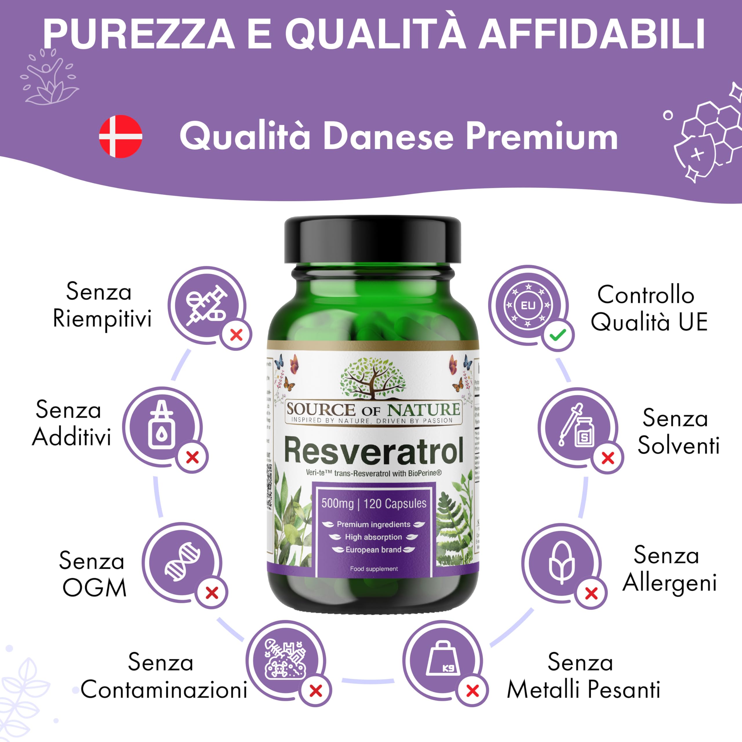 Trans-Resveratrolo 500 mg | 120 capsule vegane | Alta dose | Purezza 98% | Fermentato naturalmente | Con piperina | Testato in laboratorio | Qualità premium