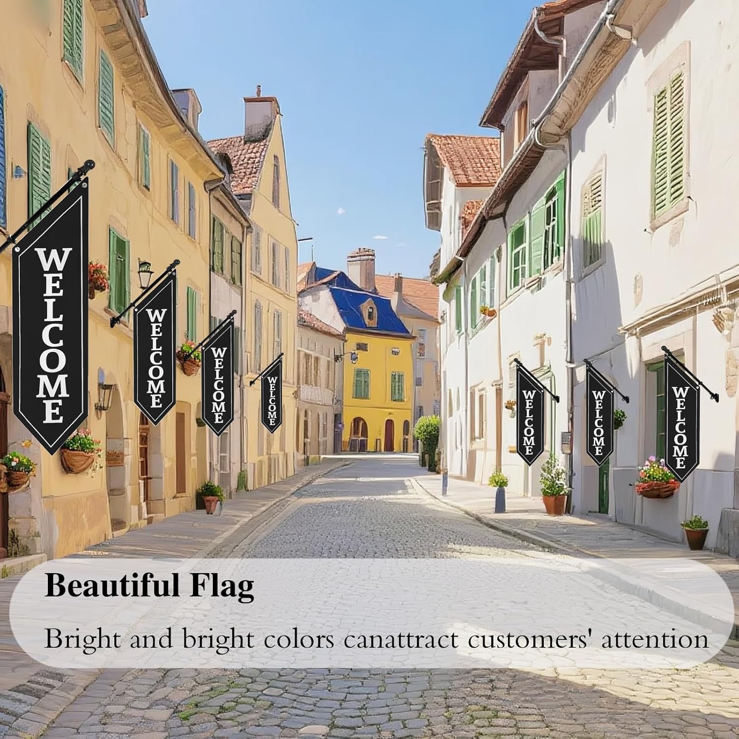Heavy Duty Double Sided Welcome Flag Kit – 42x13" Outdoor Canvas Banner with Pole & Metal Bracket – Business Storefront Sign for Retail, Shop, or Restaurant Marketing Display (Black)