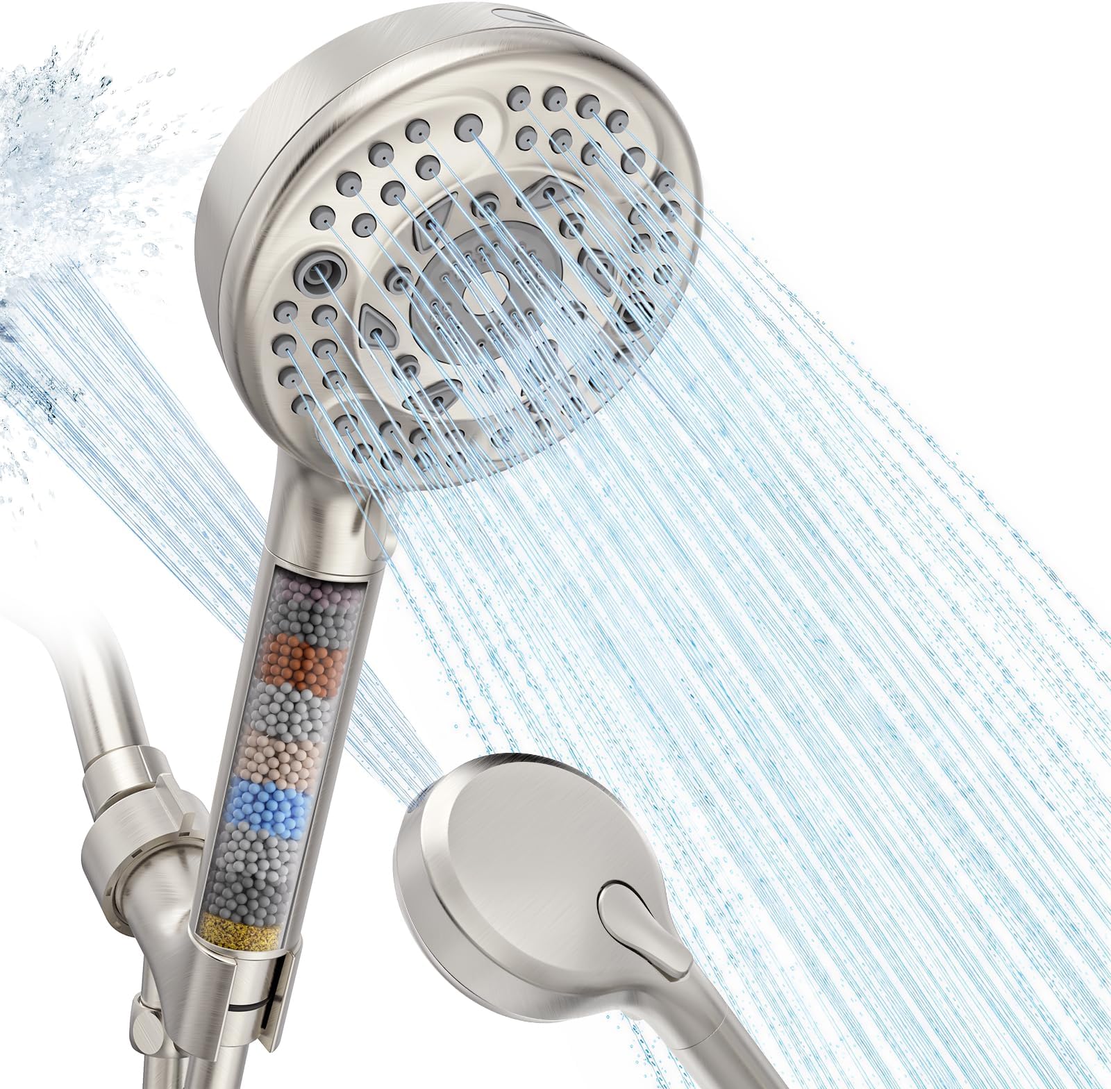 Filtered Shower Head with Handheld, 9-Spray Mode High Pressure Detachable Shower Head with Filters for Hard Water - Remove Chlorine Brushed