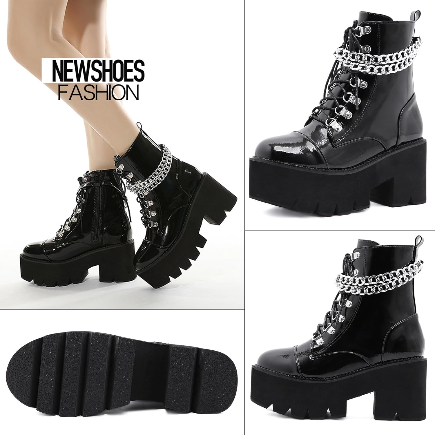 Womens Platform Boots Round Toe Chunky Ankle Boots Punk Boots Lace Up&Zipper Combat Boots - Image 2