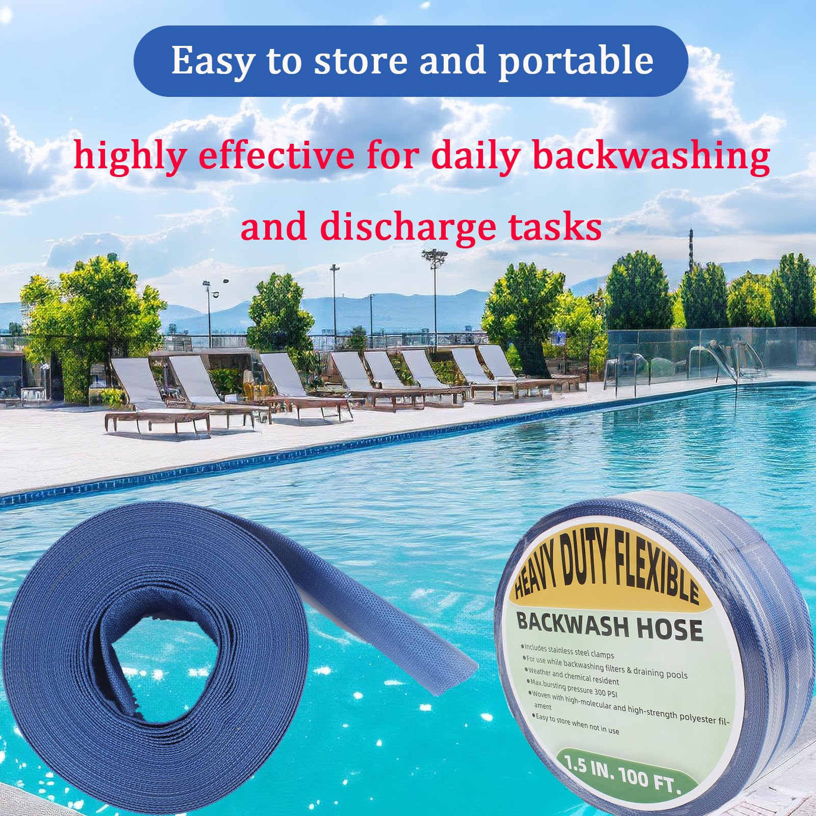 Manguera de retrolavado para piscina, manguera de PVC resistente, manguera de descarga plana, tubo de drenaje flexible para drenaje de piscina, con 2 abrazaderas (1.5 pulgadas x 100 pies)