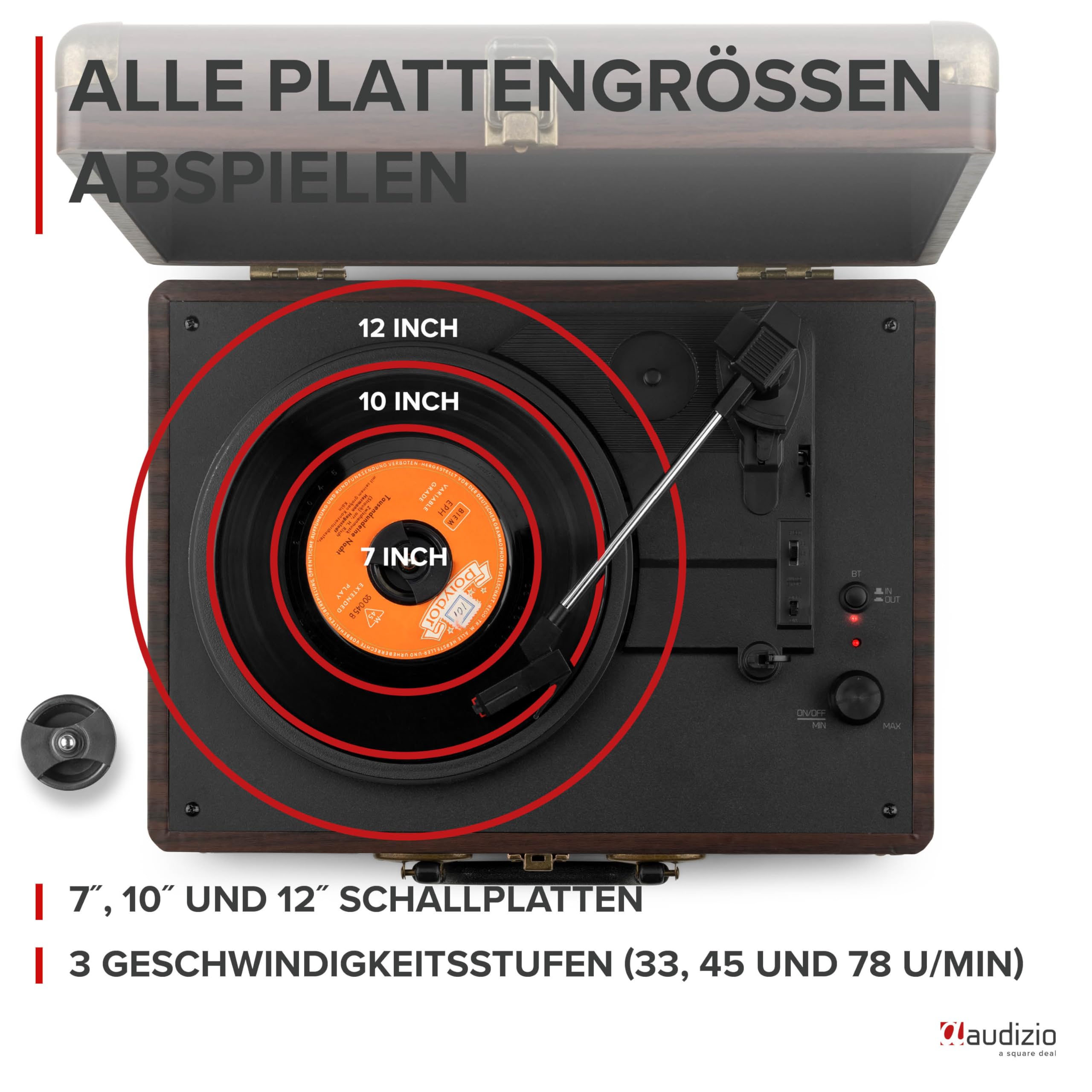 Audizio RP116DW Plattenspieler mit Lautsprecher - Vinyl Player 3-Gang Antrieb, Plattenspieler Bluetooth 5.0, Schallplattenspieler mit Riemenantrieb 33/45/78, Auto-Stop, Digitalisieren mit USB, AUX