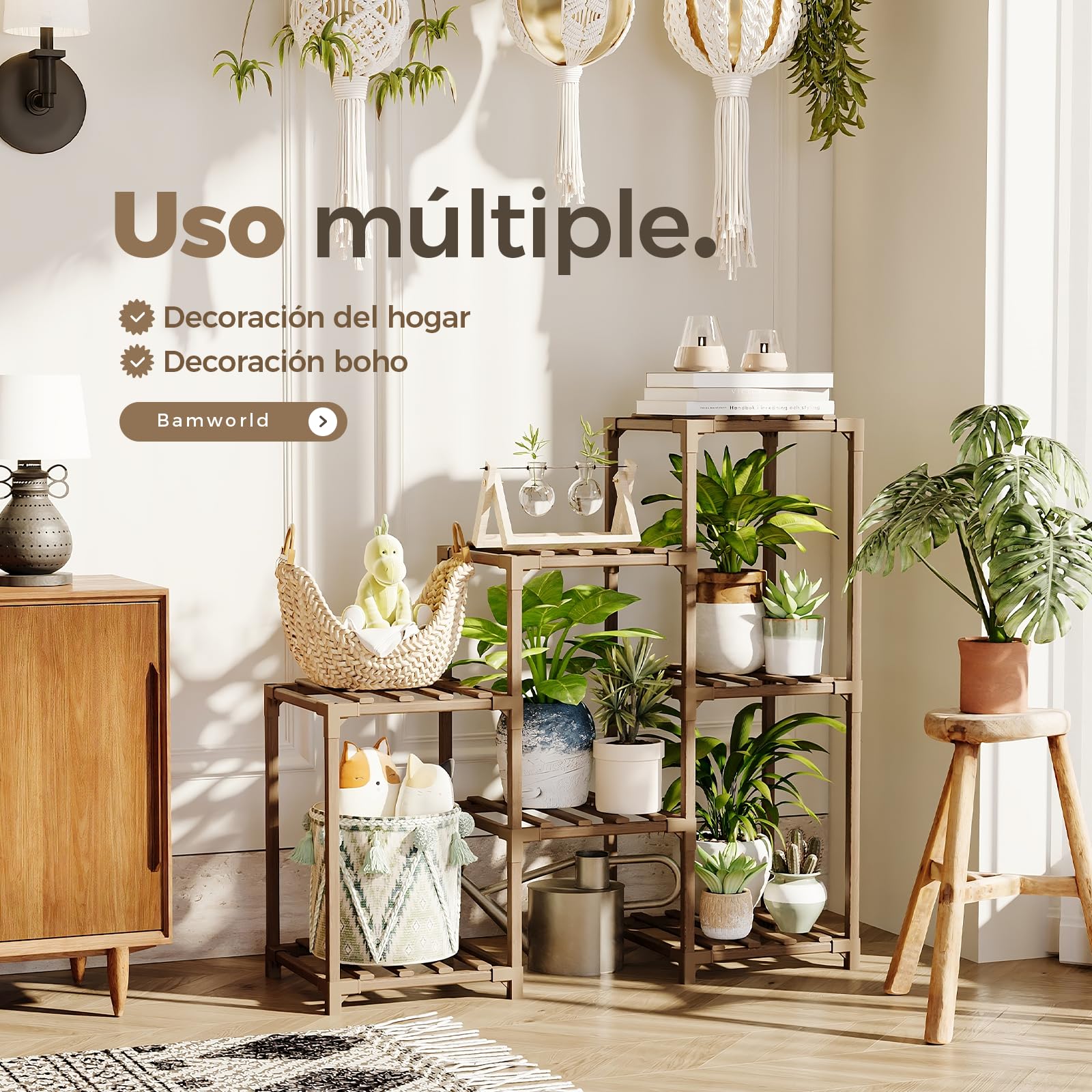 Bamworld Soportes para plantas de interior, estante escalonado de madera para plantas al aire libre para múltiples plantas,3 neumáticos,7 escalera, soporte para plantas,mesa para ventana,jardín,balcón - 3