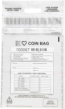 Clear Plastic Coin Bag 12.5" x 21.5" | 50 lb. Capacity | Sequential Barcode Number, Self-Sealing, Permanent Adhesive, Ideal for Handling and Transport of Coins and Casino Chips | 50-Pack
