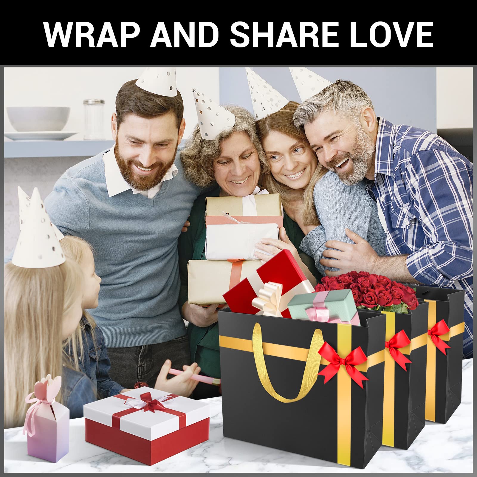 EUSOAR Sacchetti per la spesa grandi con manici dorati e neri, confezione da 20 sacchetti da 31,8 x 11,4 x 28 cm, sacchetti regalo con manici, per affari, artigianato, generi alimentari, boutique,