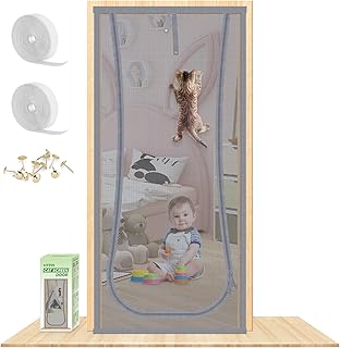New Reinforced Cat Screen Door, Fits Door Size 34''x 80'' Heavy Duty Pets Proof Screen Door with Bilateral Zipper, Prevent Dogs Cats Running Out from Home, Bedroom,Living Room, etc