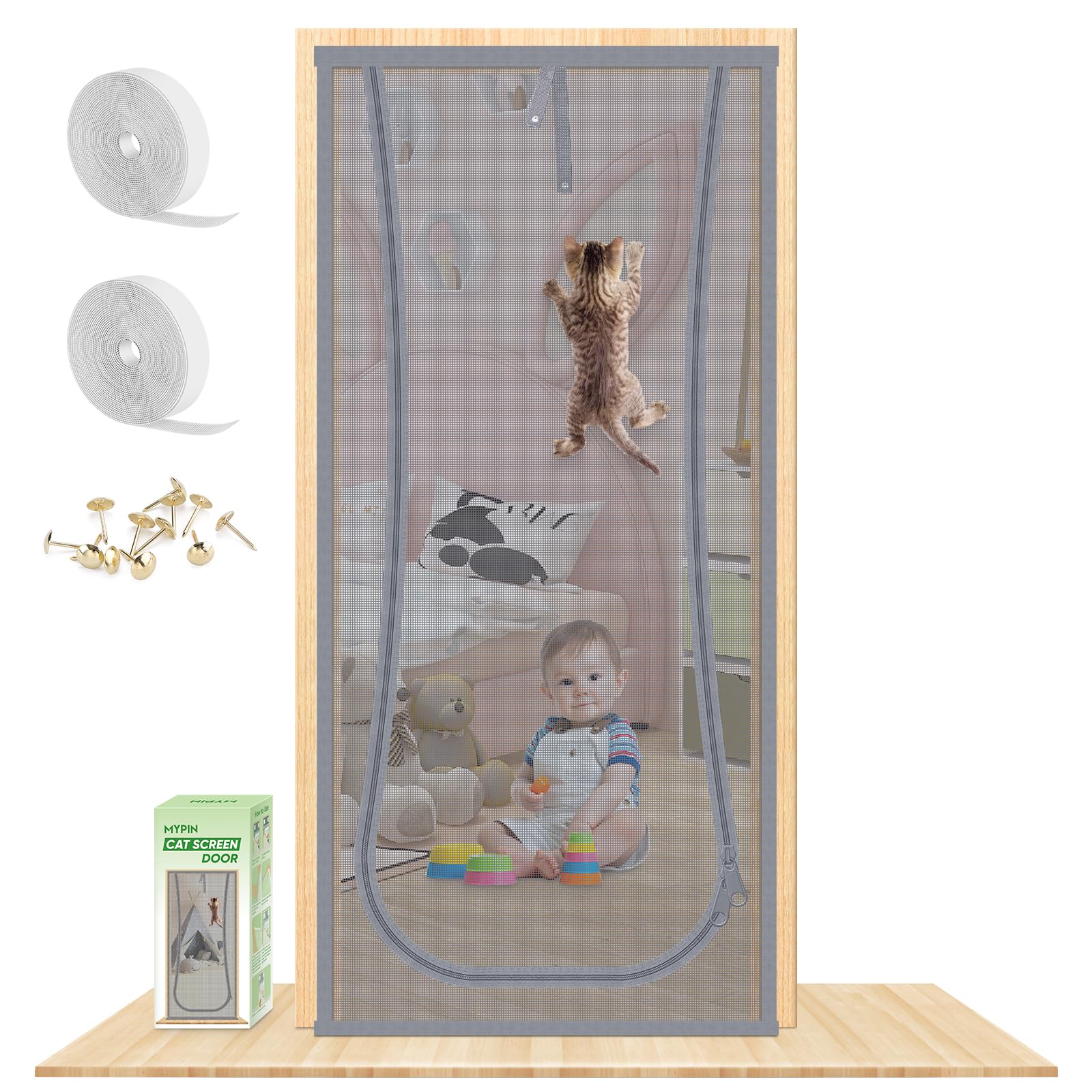 New Reinforced Cat Screen Door, Fits Door Size 38''x 81'' Heavy Duty Pets Proof Screen Door with Bilateral Zipper, Prevent Dogs Cats Running Out from Home, Bedroom,Living Room, etc