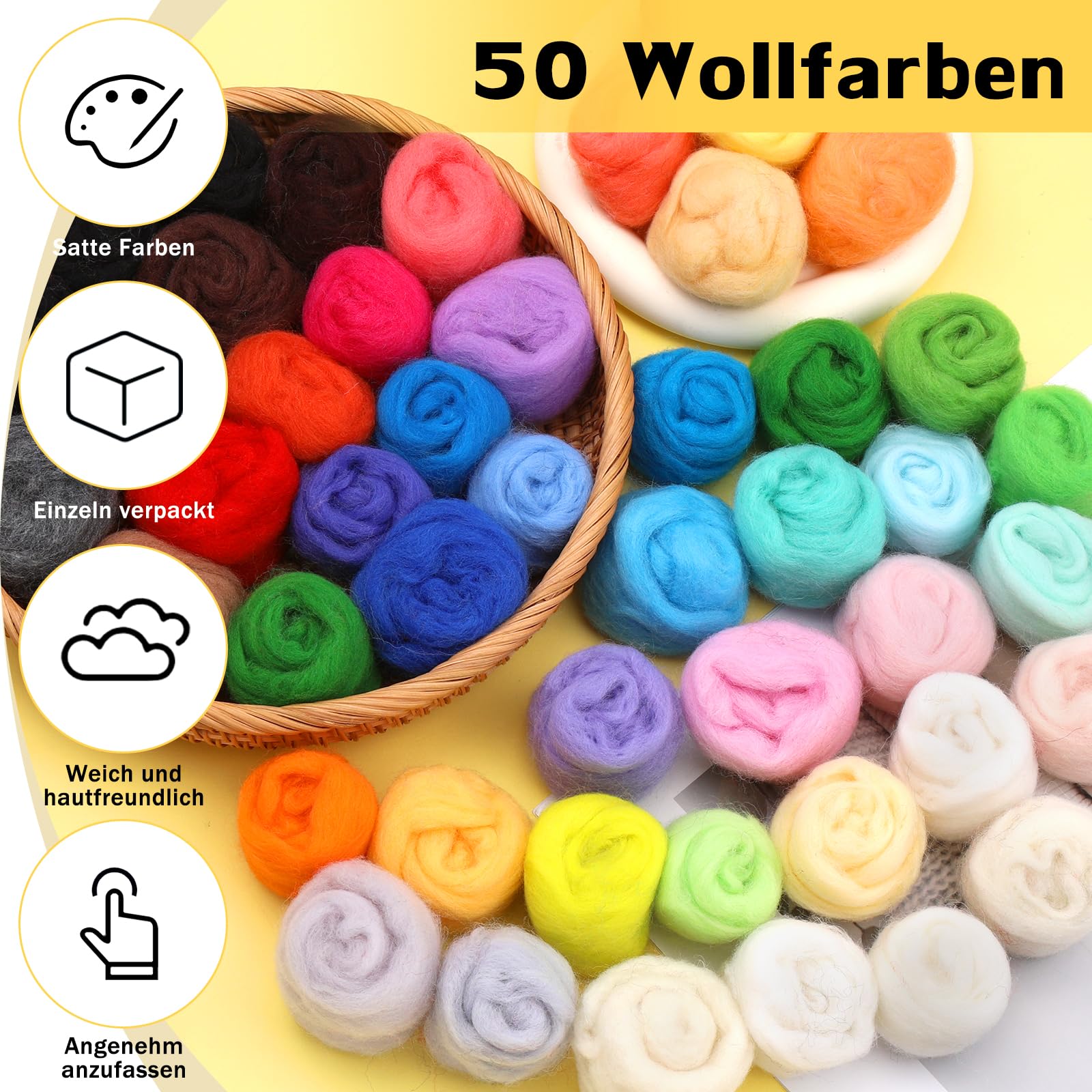 Riddur Nadelfilz-Set, 45 Farben Filzwolle Trockenfilzen Starterset, Grundlegenden Filzwerkzeugen und Zubehör, Weichem Nadelfilzpad für Diy Bastelprojekte und Handarbeiten