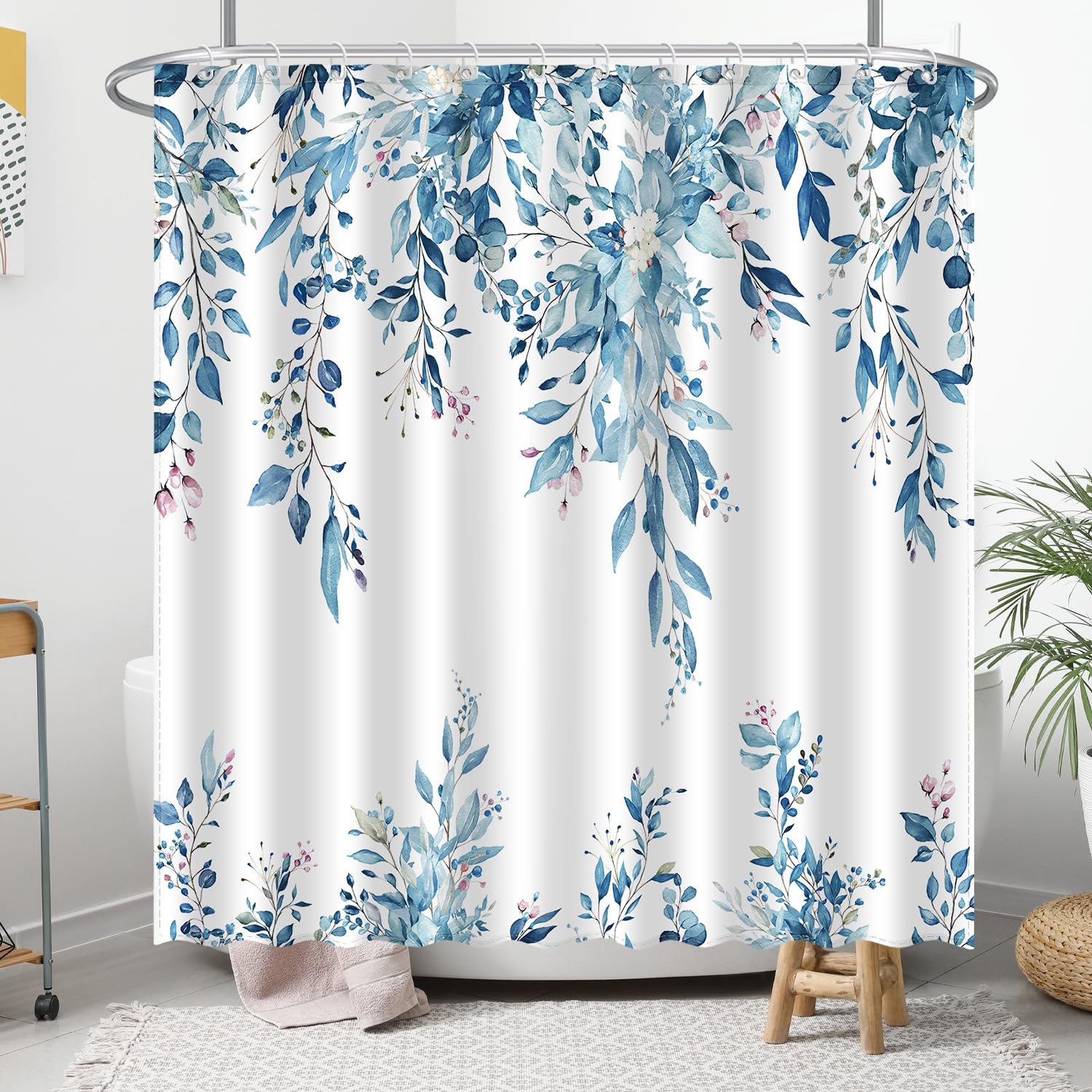 Eucalyptus Shower Curtain, Aesthetic Art Watercolor Plant Leaves with Floral Bathroom Decor, Waterproof Fabric Cloth Bath Curtain Set with Hooks (Blue, 72" W x 72" L)
