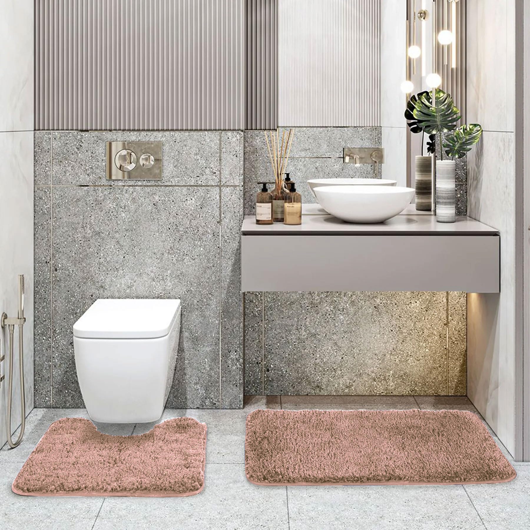 LUXE HOME INTERNATIONAL Polyester Contour Bath Mat – Washable, Anti Skid, Water Absorbent Contour Mats for Bathroom, Toilet, Wash Basin & Bathroom Contour Mat Set (Peach, 45x 75 cm & 40x45)
