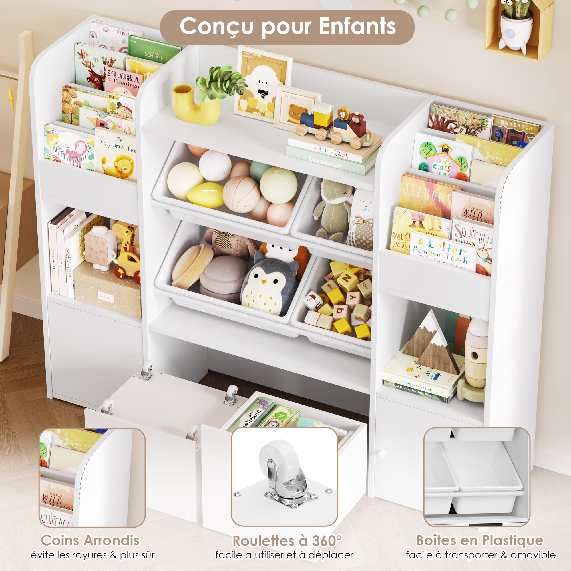 FOREHILL Meuble Rangement Enfant Bibliothèque Enfant Boîtes Amovibles Blanc | Rangement jouet et livres 126x30x104cm | 13 Étagères 2 tiroirs roulants | Meuble pour chambre salle de jeu | Facile à monter