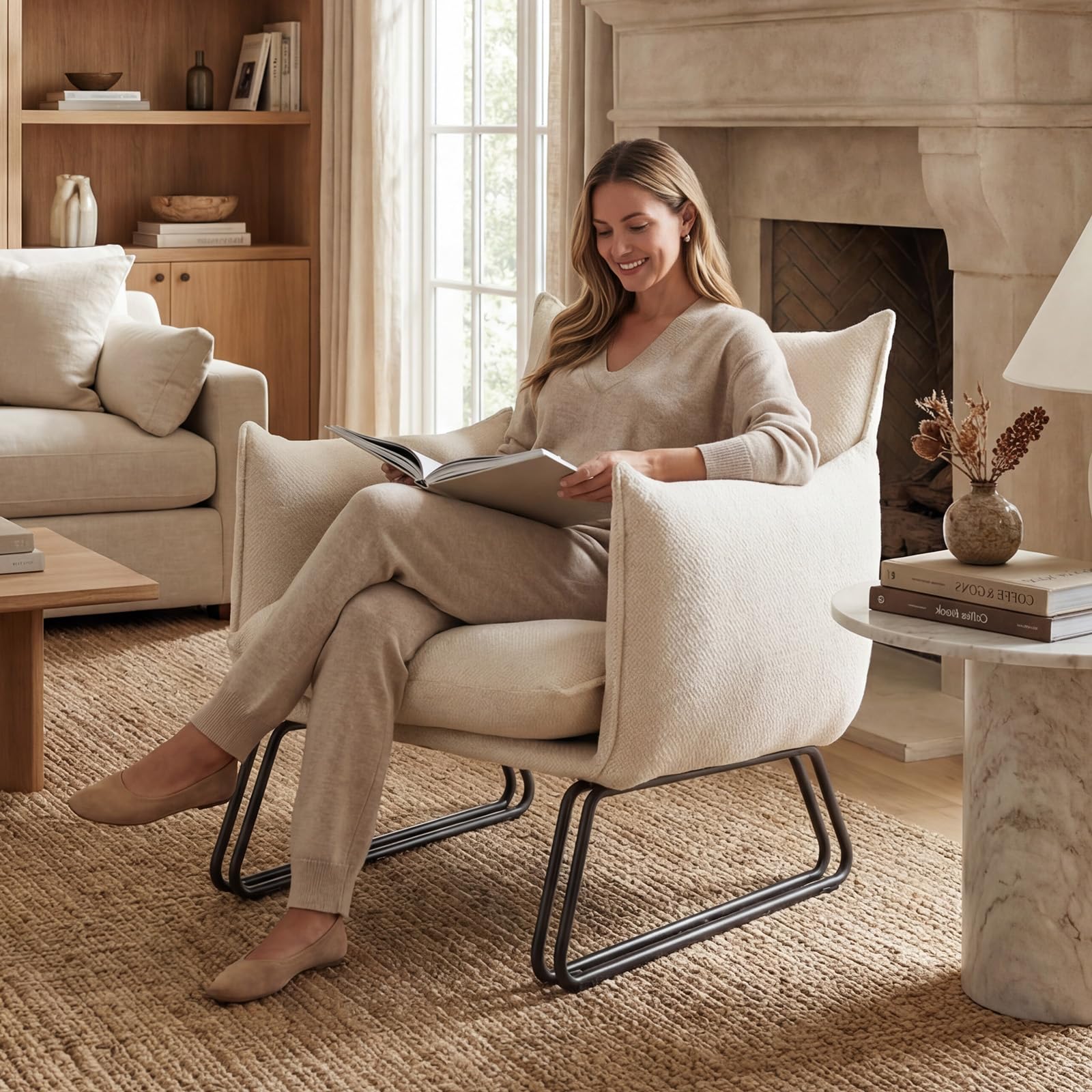 Moderne Loungesessel mit Stahlgestell, Webstoffbezug und Hoher Rückenlehne, Relaxsessel für Wohnzimmer, Arbeitszimmer oder Büro, Haferfarben