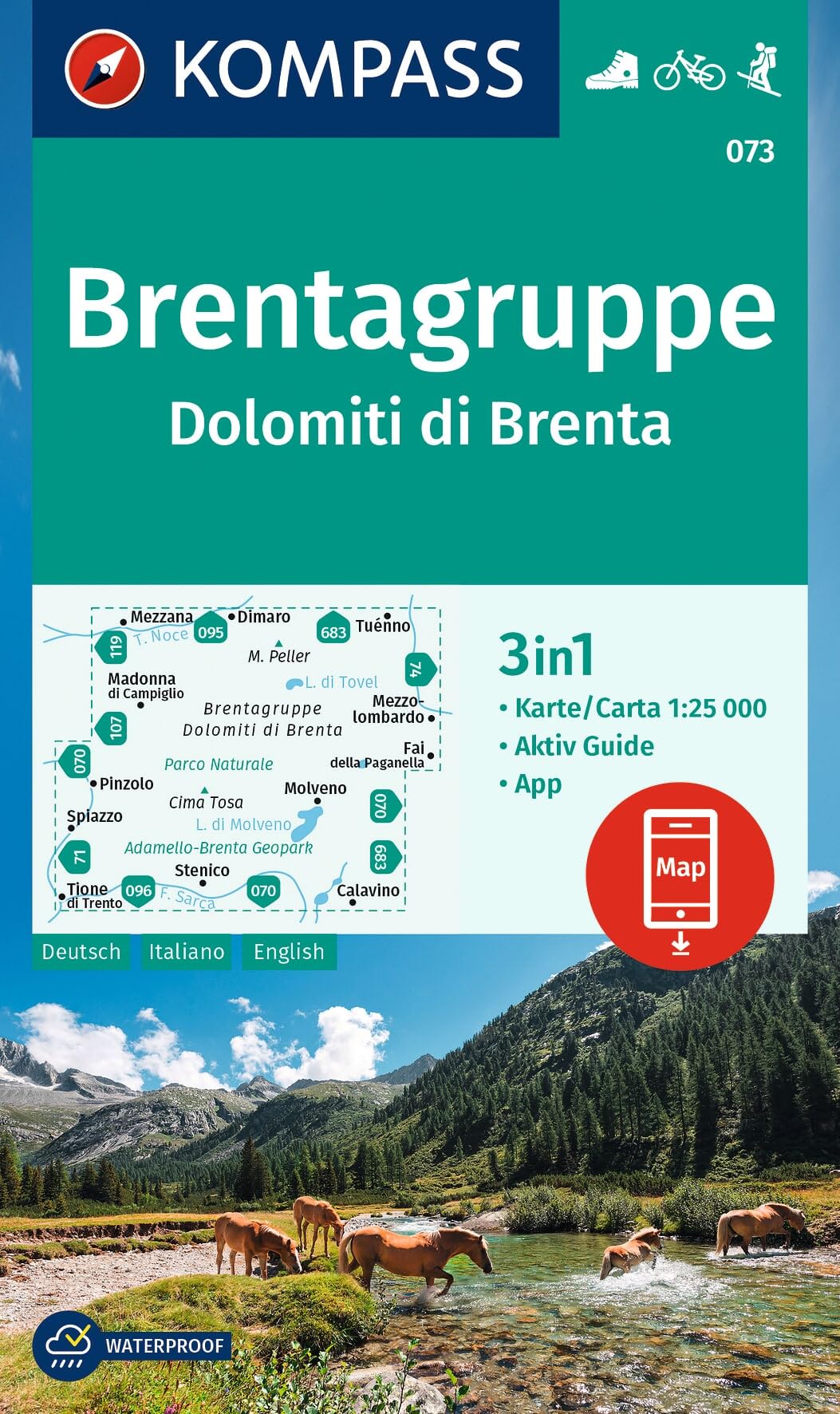 Brentagruppe 25T WK 073: 3in1 Wanderkarte mit Aktiv Guide inklusive Karte zur offline Verwendung in der KOMPASS-App. Fahrradfahren. Skitouren.