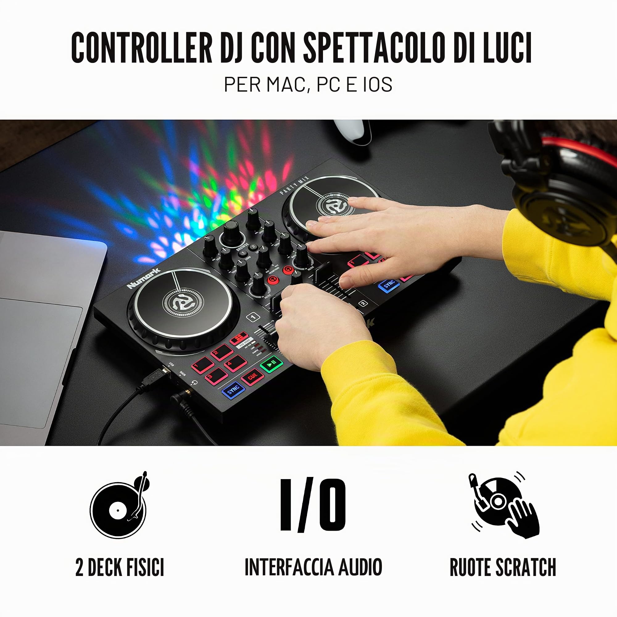 Numark Party Mix II - Console DJ a 2 Canali per Serato DJ Lite, con Scheda Audio Integrata, Presa Cuffie & JBL Tune 500 Cuffie Sovraurali – Cuffia On Ear con Microfono e Comando Remoto ad 1 Pulsante