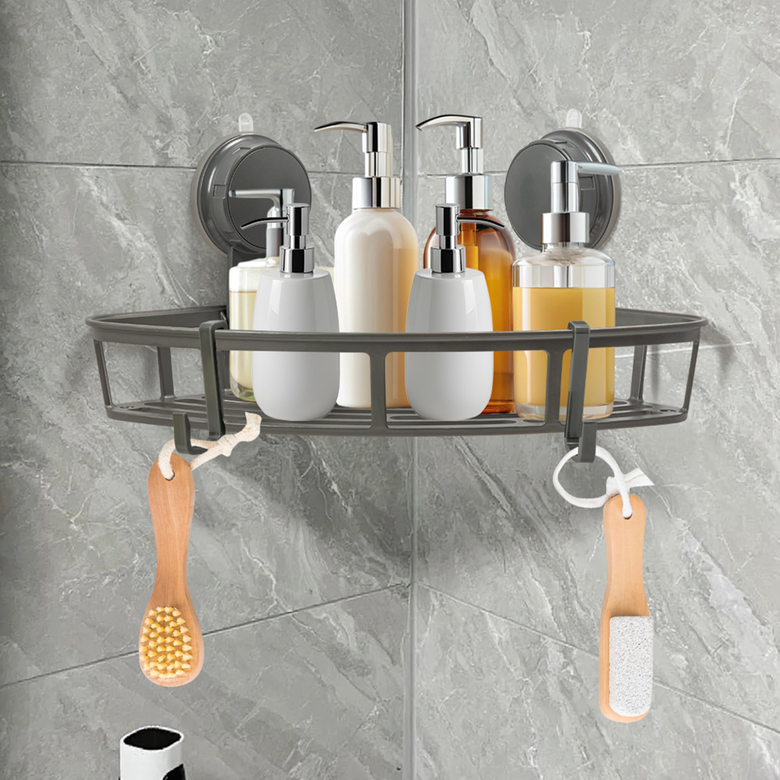 GQIRIL Corner Shower Caddy Shelves - Suction Cup Shower Organizer Shelf with 2 Hooks No Drilling Rustproof Bathroom