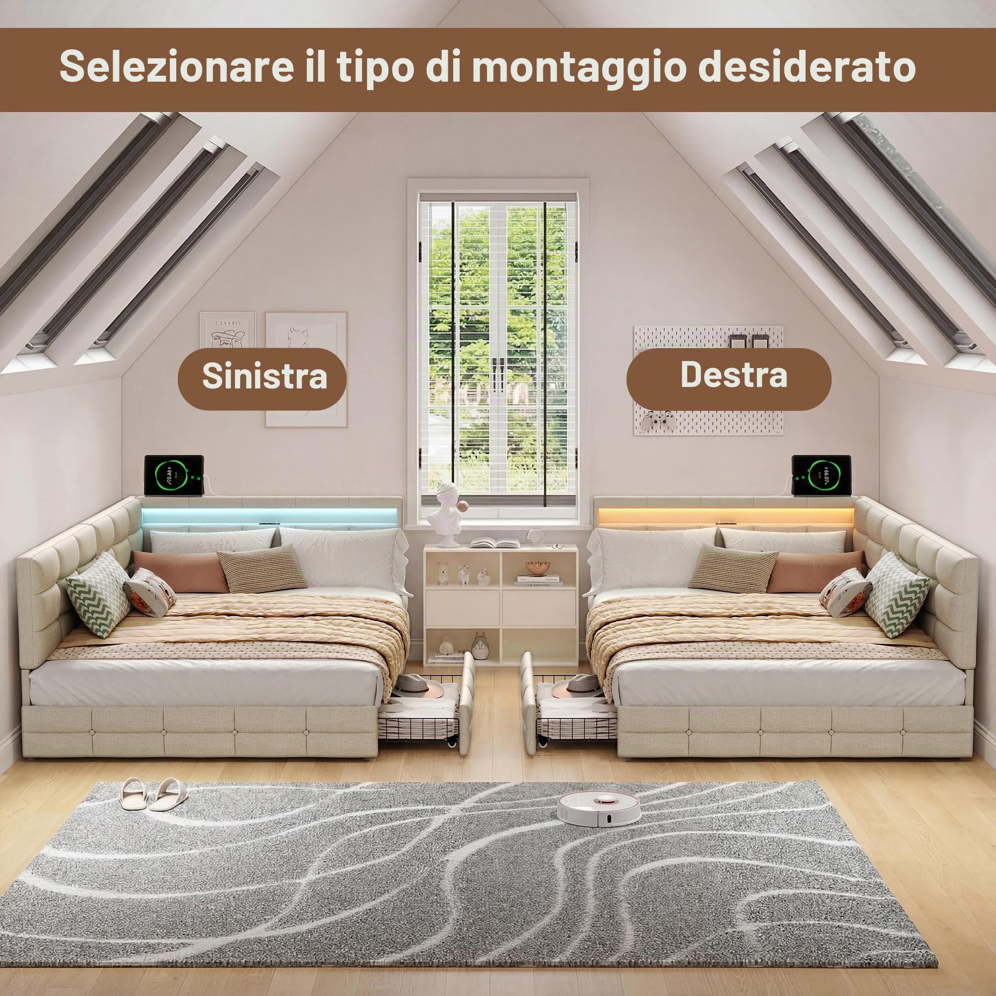 Divano Letto in Lino 140x190cm, Fresco Naturale,con 2 cassetti | Lino anticaldo, cassetti ruote, rete a doghe, presa UE+LED, beige,per adulti/ragazzi in camera/soggiorno. (Nessun materasso)