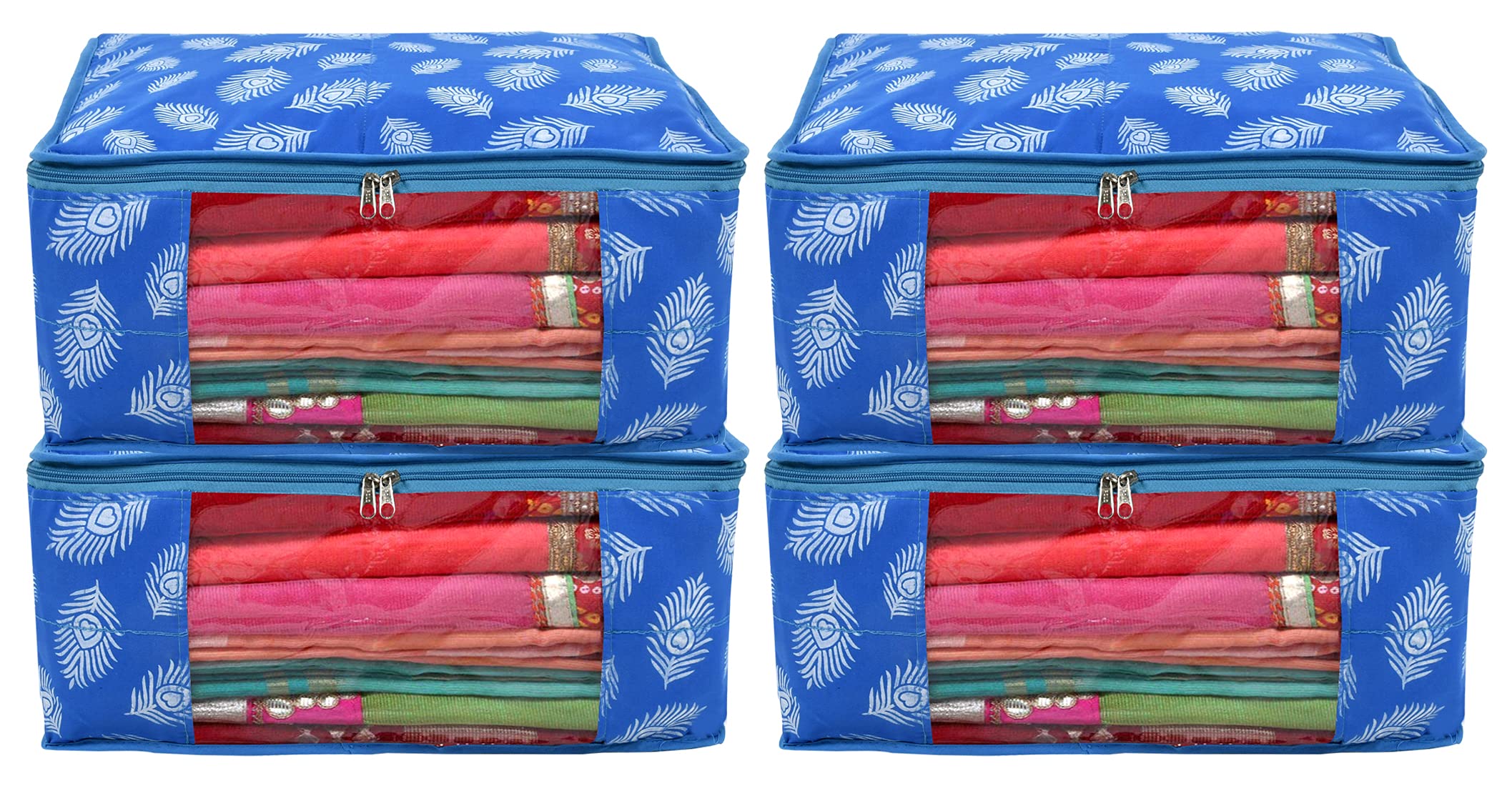 Kuber Industries Leaf Printed Saree Cover/Clothes Organiser For Wardrobe With Transparent Window, Pack of 4 (Blue)
