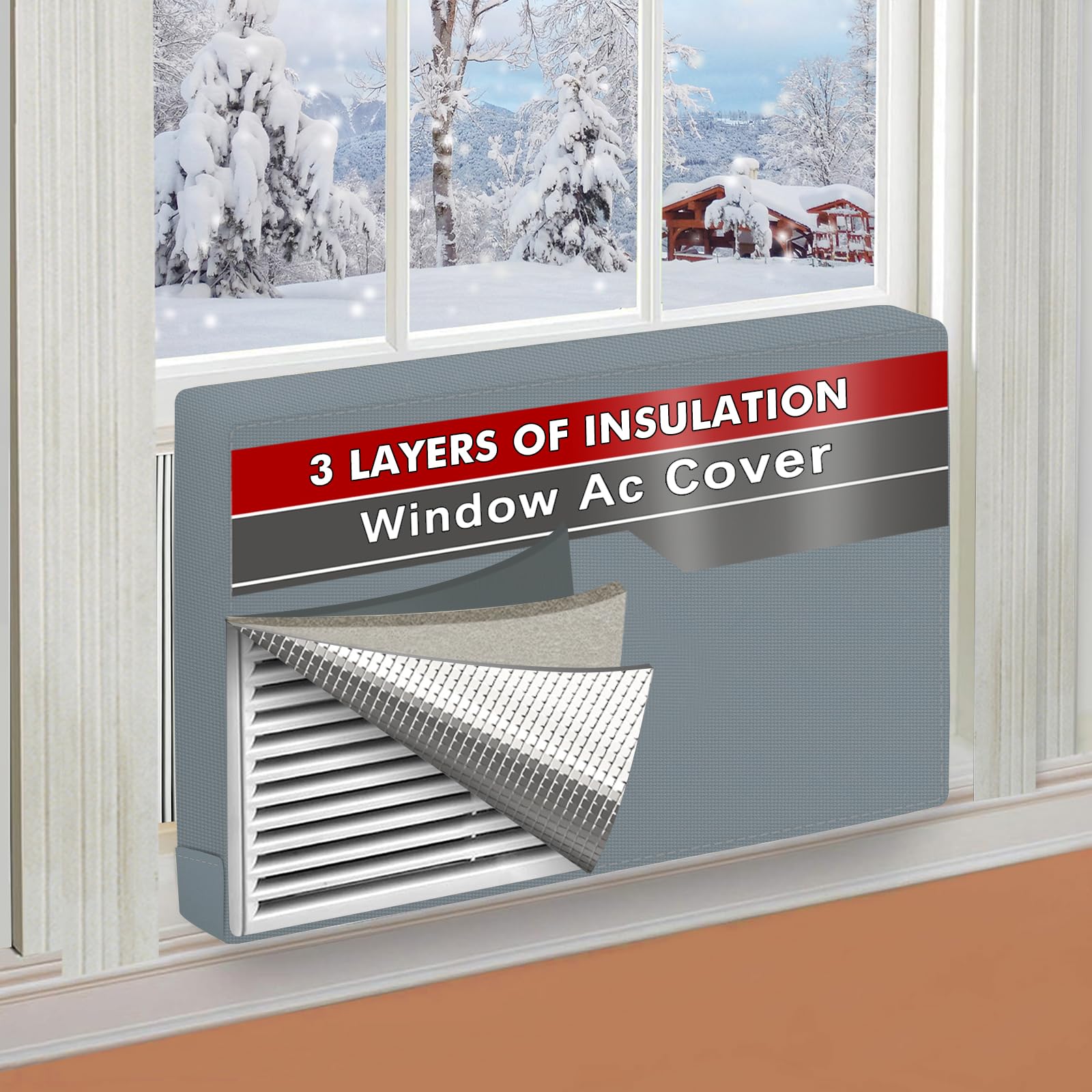 AC Covers for Inside 25"W x 17"H x 3.5"D, Windproof and Waterproof 3 Layers Insulation Air Conditioner Covers for Window Units with Aluminum Foil and 2mm Foam, Grey