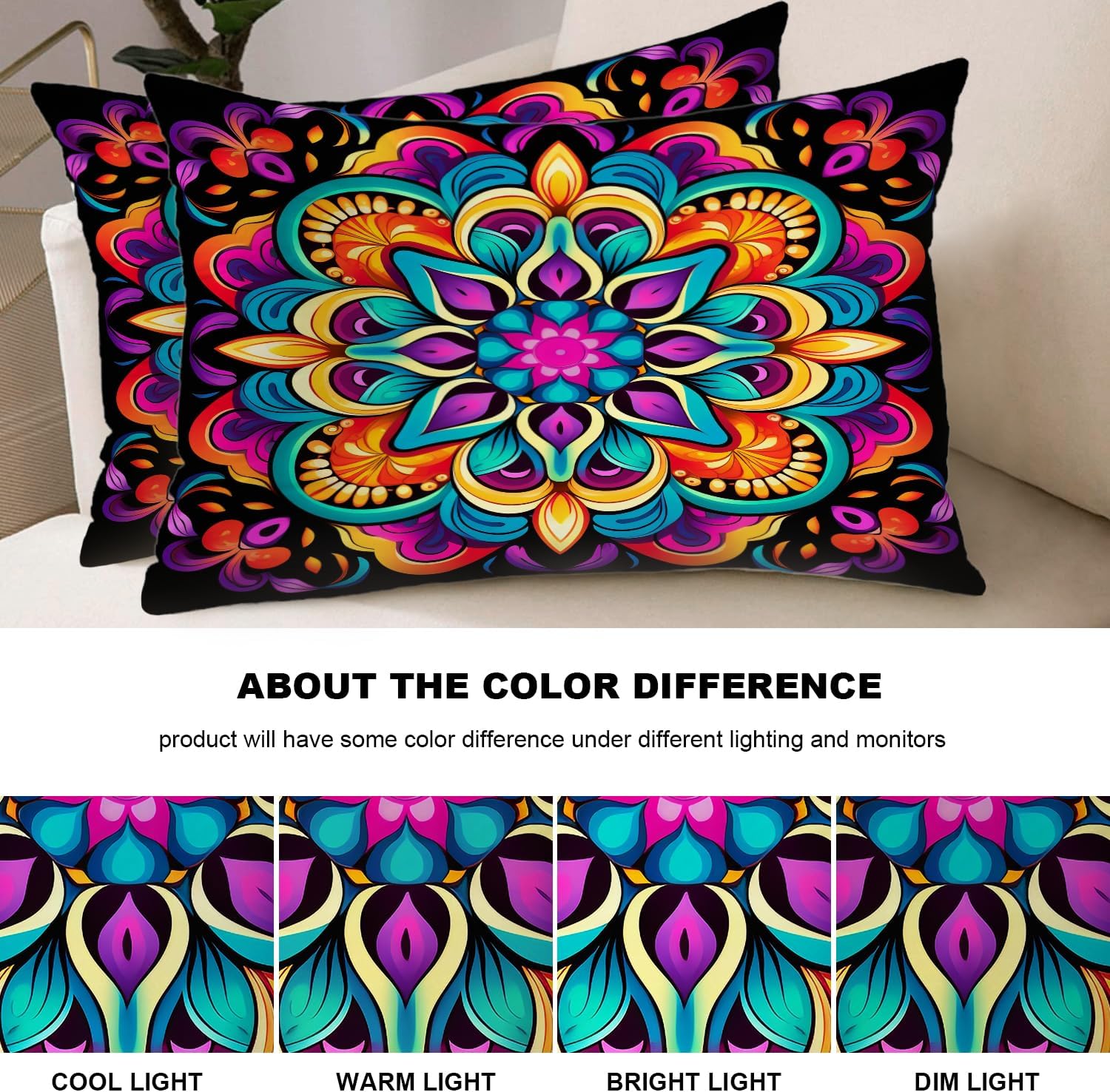 Shrahala Colorful Mandala Pillowcases, Vibrant Floral Pattern Lumbar Pillow Cover Decorative Blended Double-Sided No Inserts for Bedroom Sofa Living Room Set of 2 (26 X 20 in)