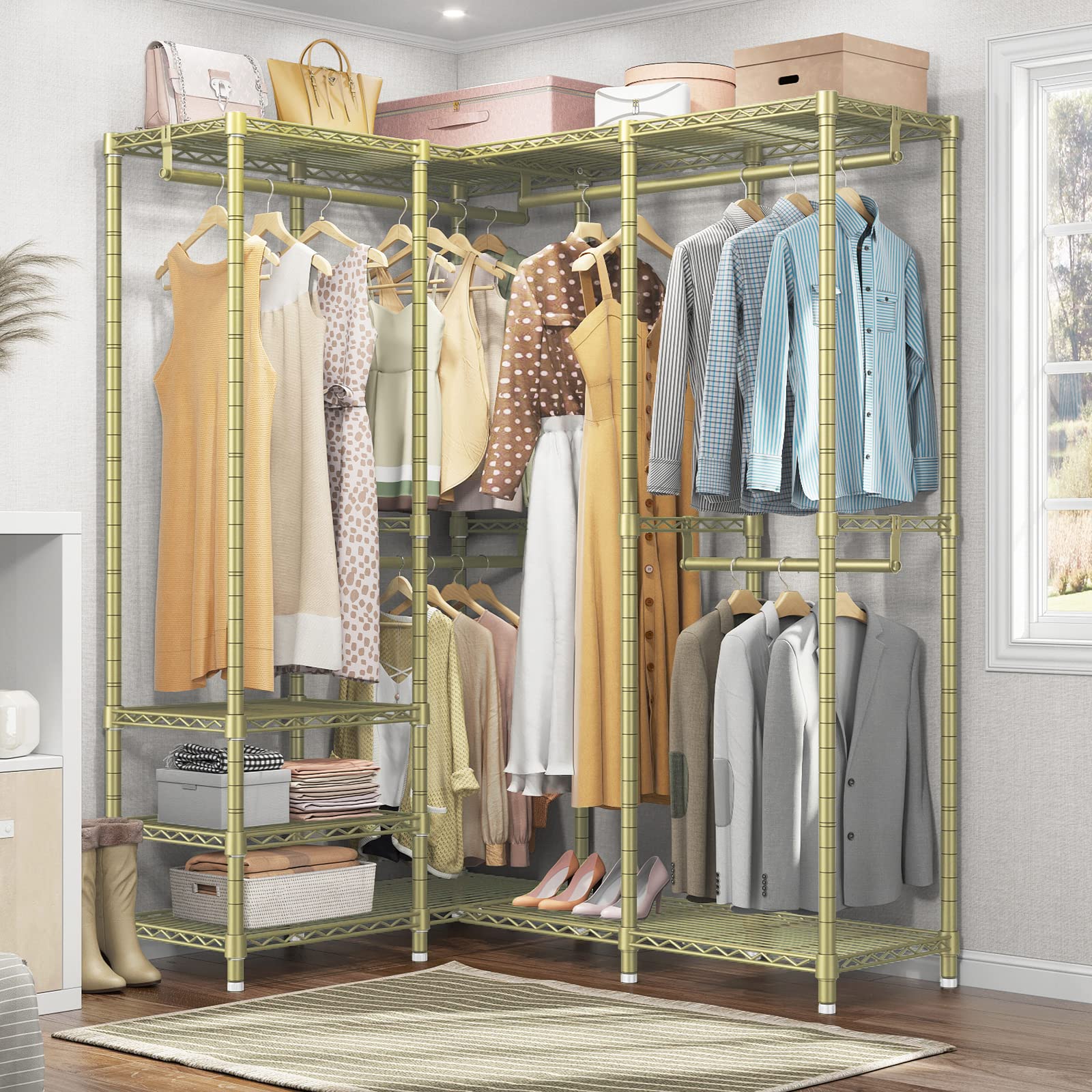 VIPEK L6 L-Shaped Clothes Rack - Heavy Duty 5-Tier Garment Rack, Adjustable Shelves, Max Load 840LBS, Gold