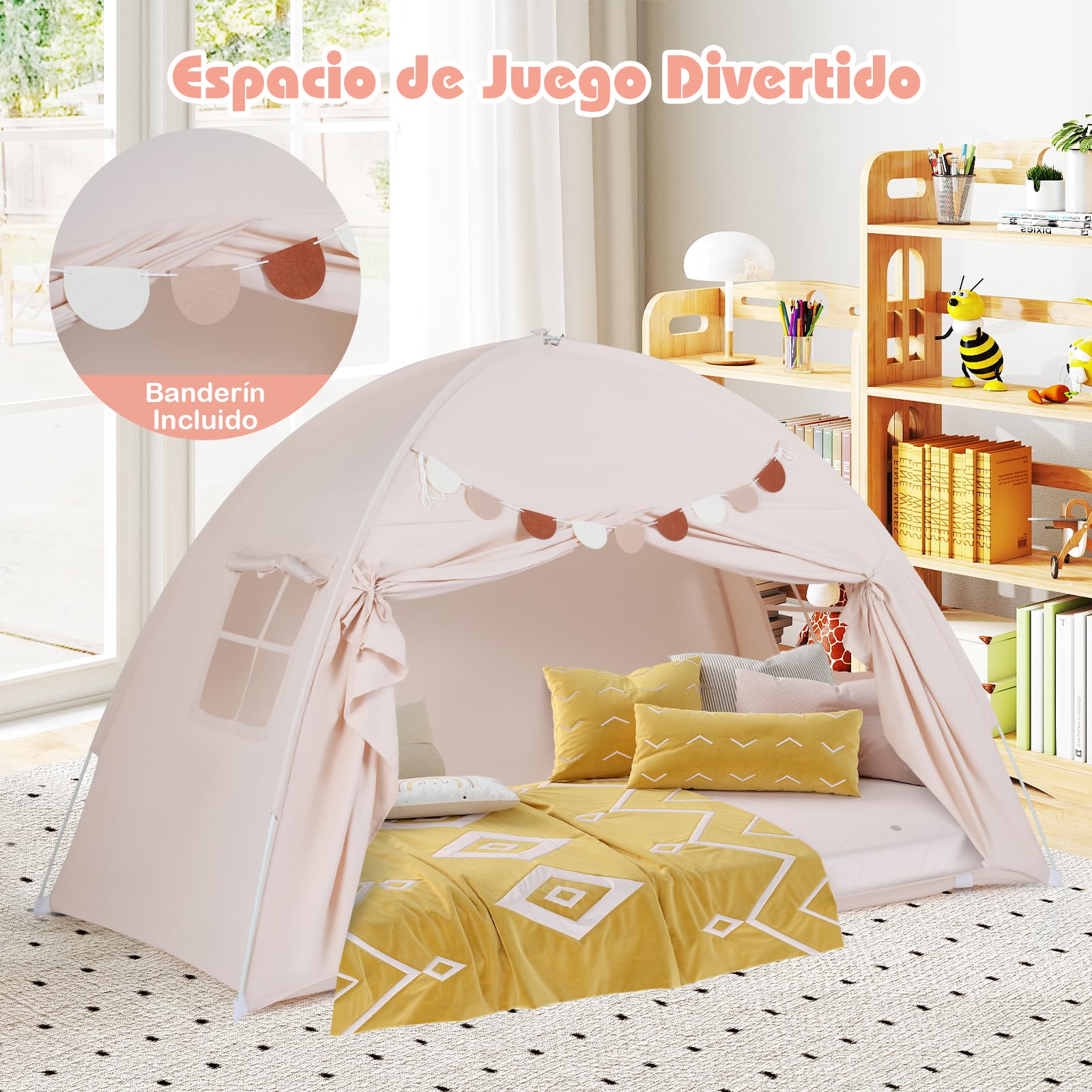 COSTWAY Tienda de Campaña Infantil, Casita Tela Infantil con 2 Ventanas y Banderas, Cabañas para Niños para Habitación Infantil, Tienda de Juego Interior para Niños de 3+ Años,201x100x122 cm (Beige)