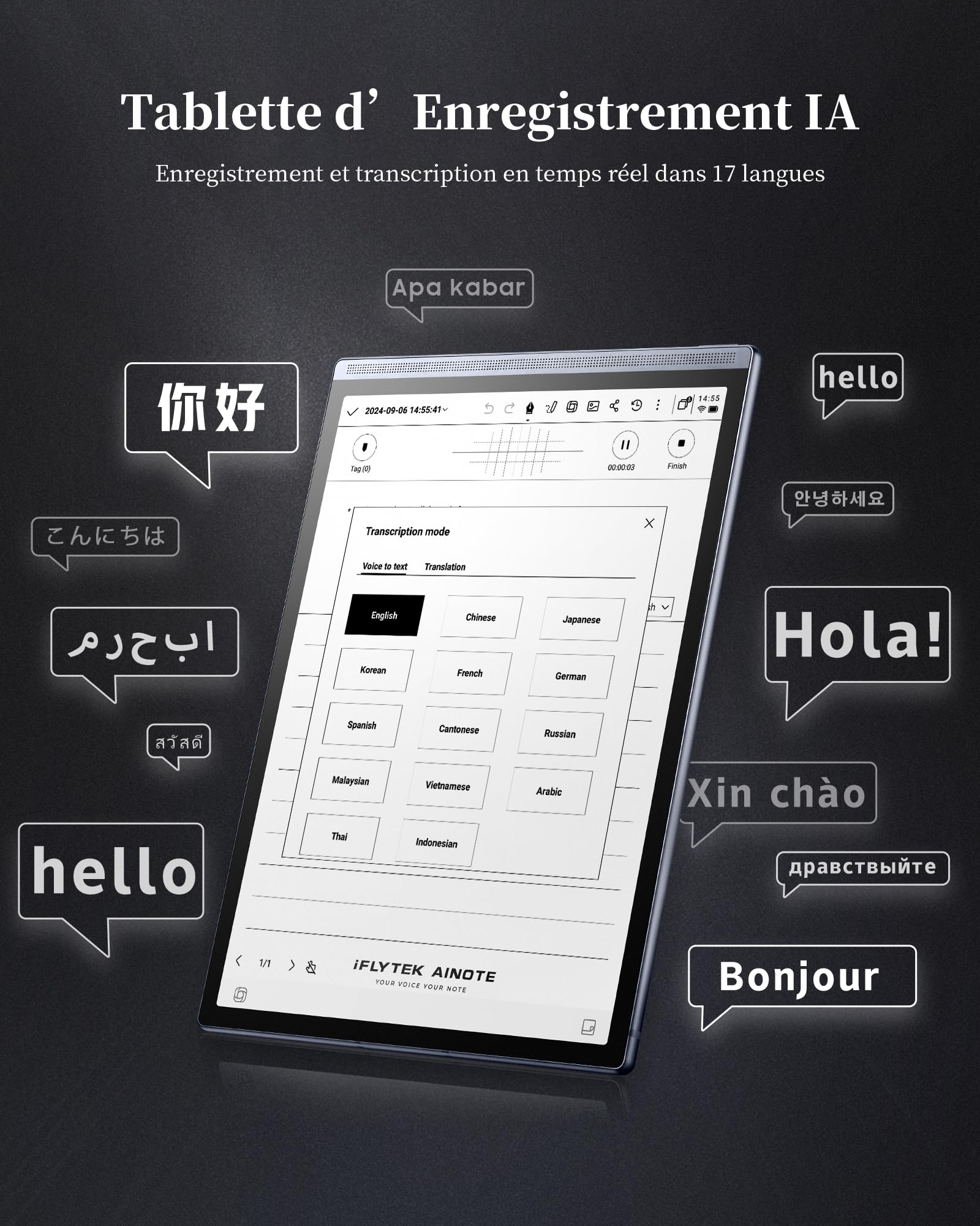 iflytek AINOTE Air 2 Tablette E-Ink 8.2" – Prise de Notes & Papier Numérique avec Stylet, Enregistrement AI, Transcription Multilingue, Lecture et Gestion des Tâches