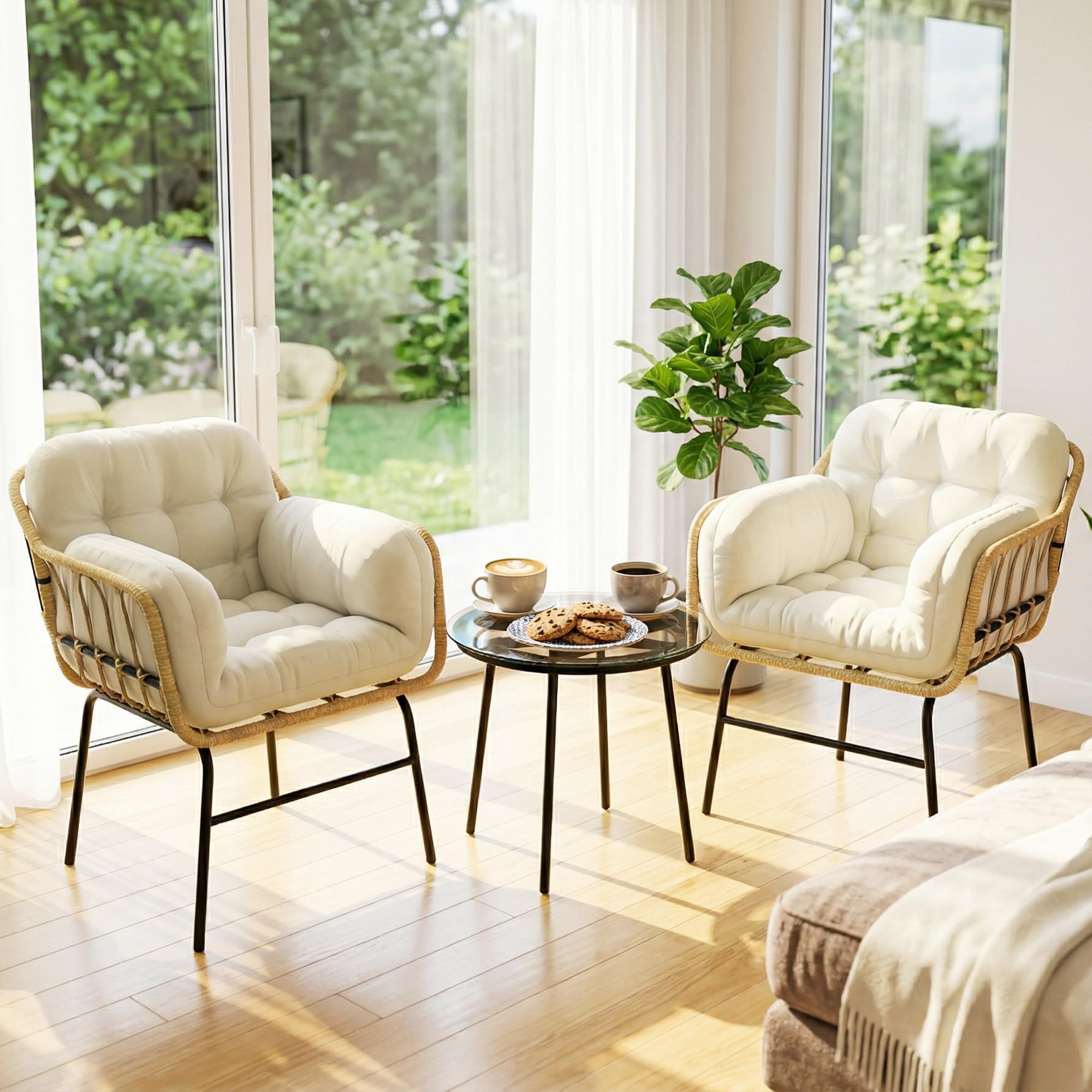 Outsunny Salon de Jardin Extérieur 3 Pièces en Résine Tressée avec 2 Fauteuils et 2 Coussins, Table Basse en Verre Trempé, Mobilier de Jardin pour Terrasse Balcon Patio, Kaki