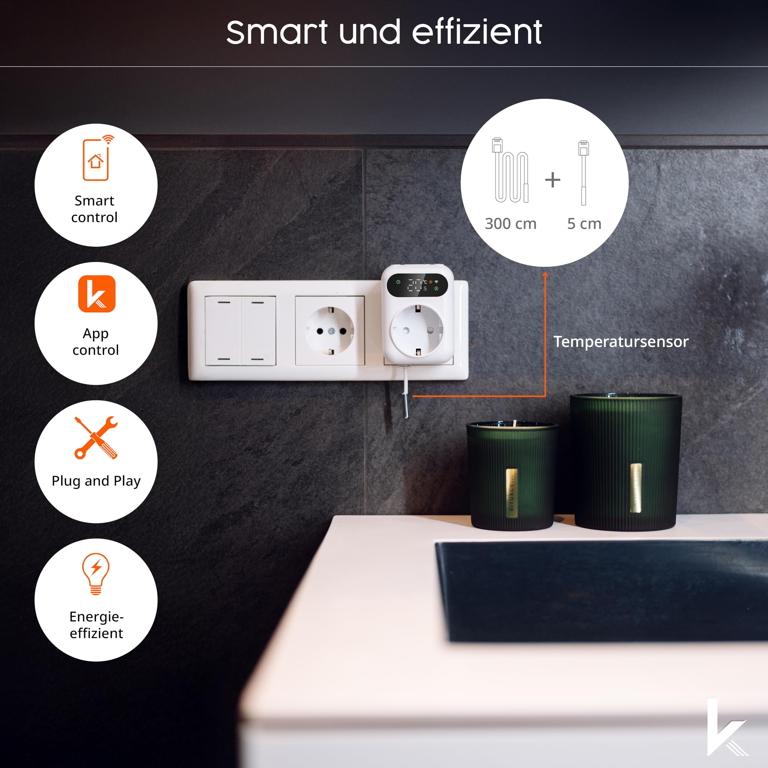 Könighaus Infrarot Smart LED Thermostat - WLAN Steckdosen-Thermostat 16A für Heizung & Kühlung - App-Steuerung, Wochenprogramm, Zeitschaltuhr, Frostschutz - inkl. Fühler – kompatibel mit Alexa & Tuya